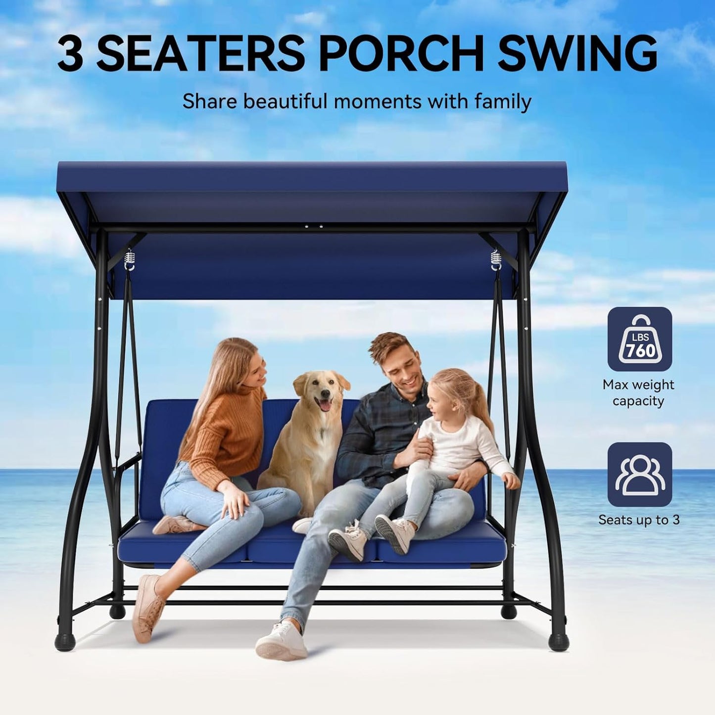 3-Seat Patio Swing Chair Outdoor Heavy Duty Steel Frame with Adjustable Canopy Removable Cushions - All Weather Porch Swings Glider for Backyard, Garden, Poolside - Navy Blue