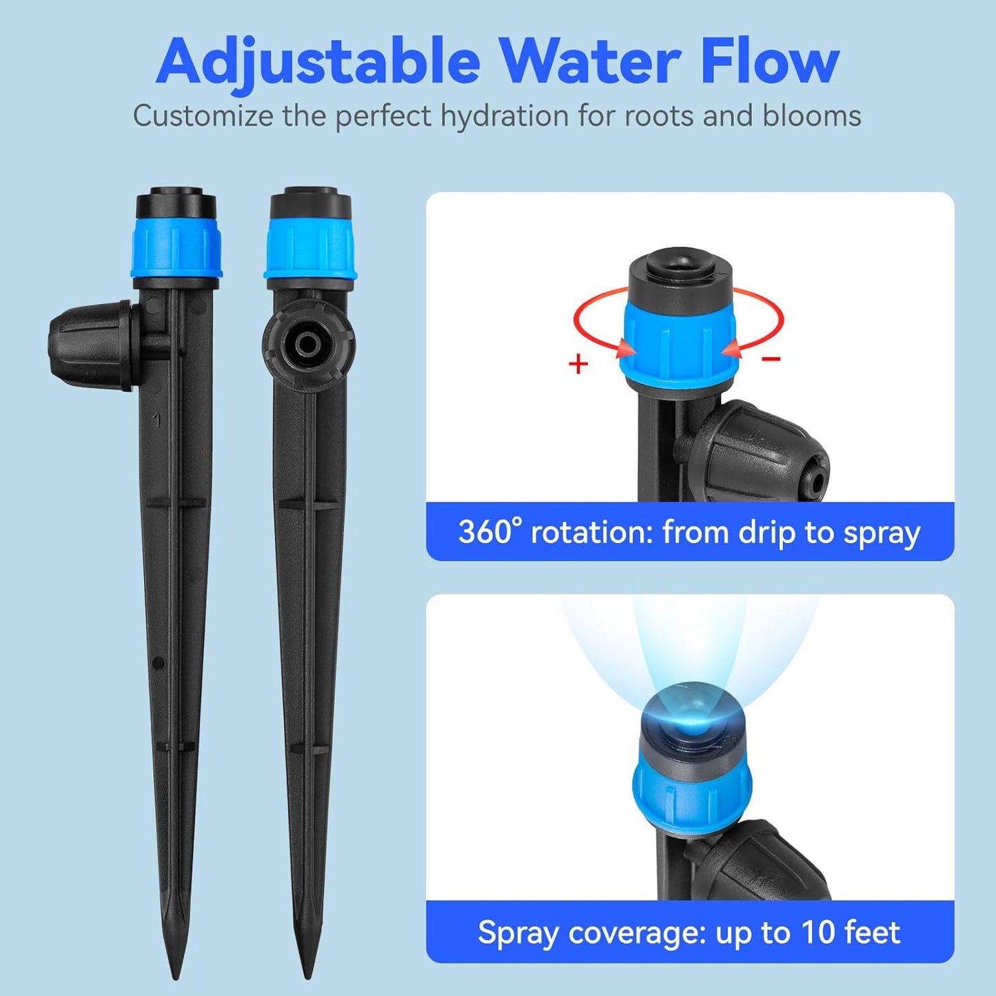 Adjustable Drip Irrigation Emitters Vortex: Fan Shape Water Flow Bubbler Stake Irrigation Dripper with Lock Barbed for 1/4 inch Tubing for Garden Watering System (50PK)