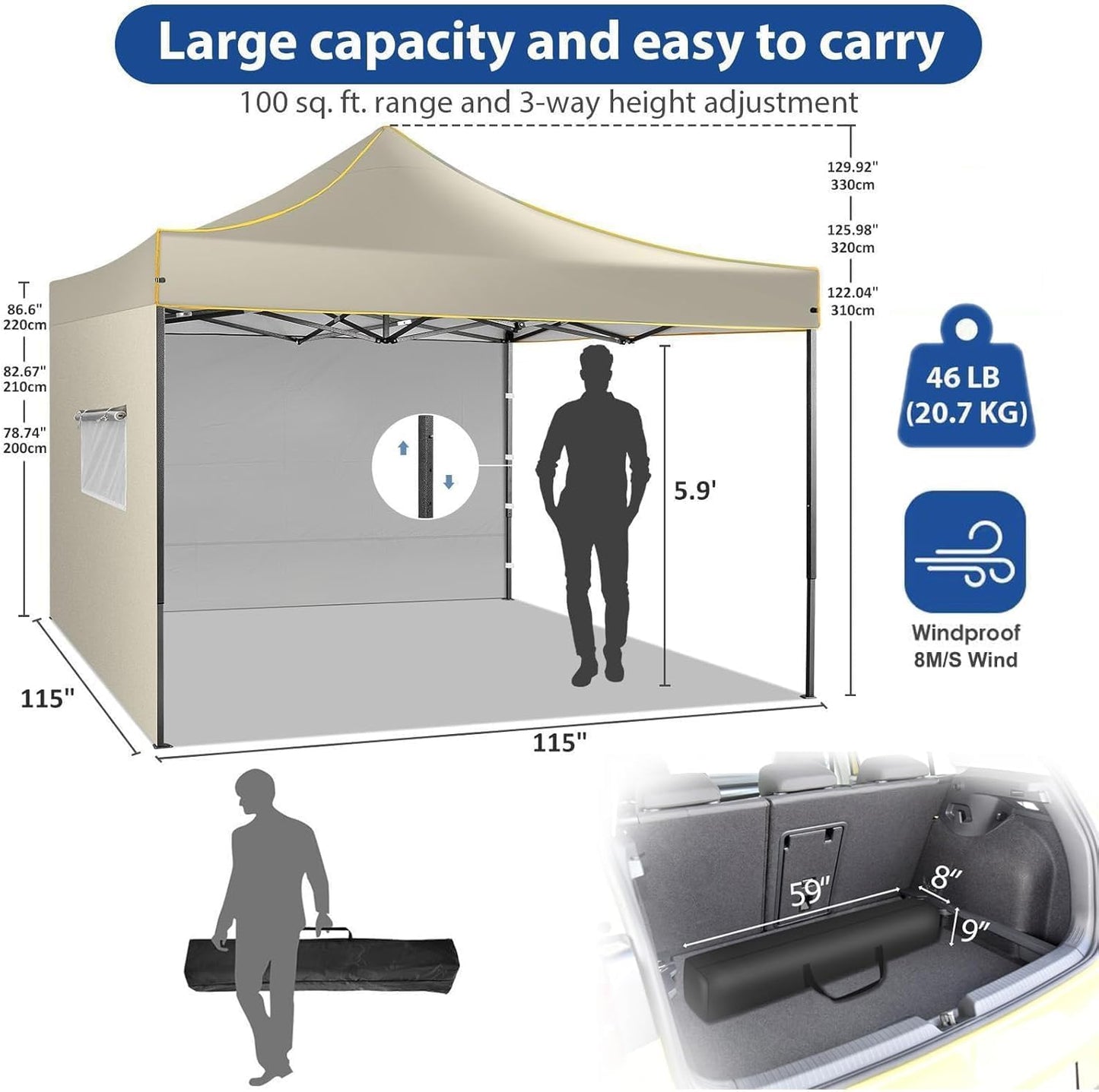 COBIZI 10x10 Heavy Duty Pop up Canopy with 4 Removable Sidewalls, Canopy Tent with Portable Bag, Ez Pop up Tent Commercial Gazebo Waterproof Sunshade for All Weather Party Camp Stall Patio,Khaki