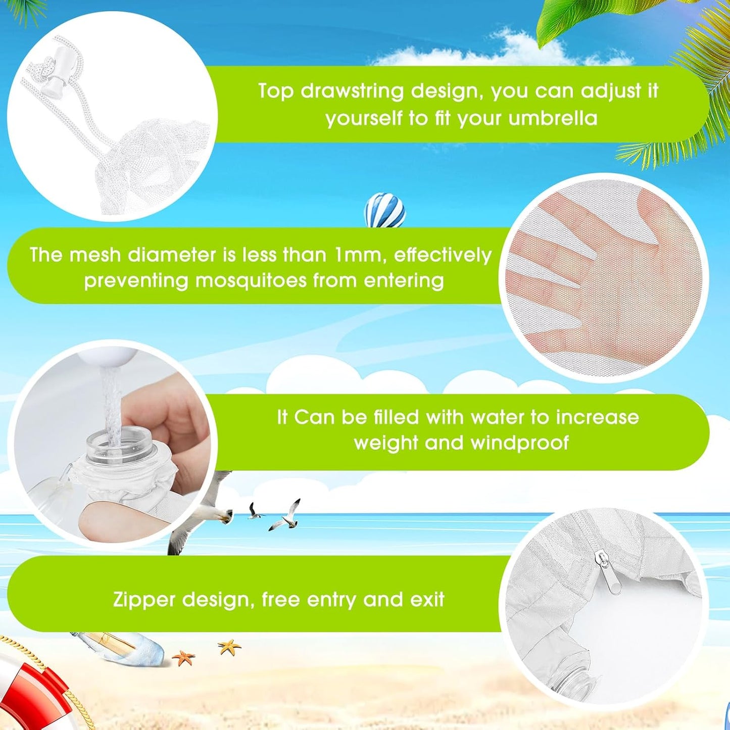 Windyun 2 Pcs 7 to 10 ft Patio Umbrella Mosquito Netting with Double Zipper Door, Screen Universal Hanging Mosquito Net for Patio Polyester Mesh Umbrella Screen for Outdoor and Patio Tables(White)