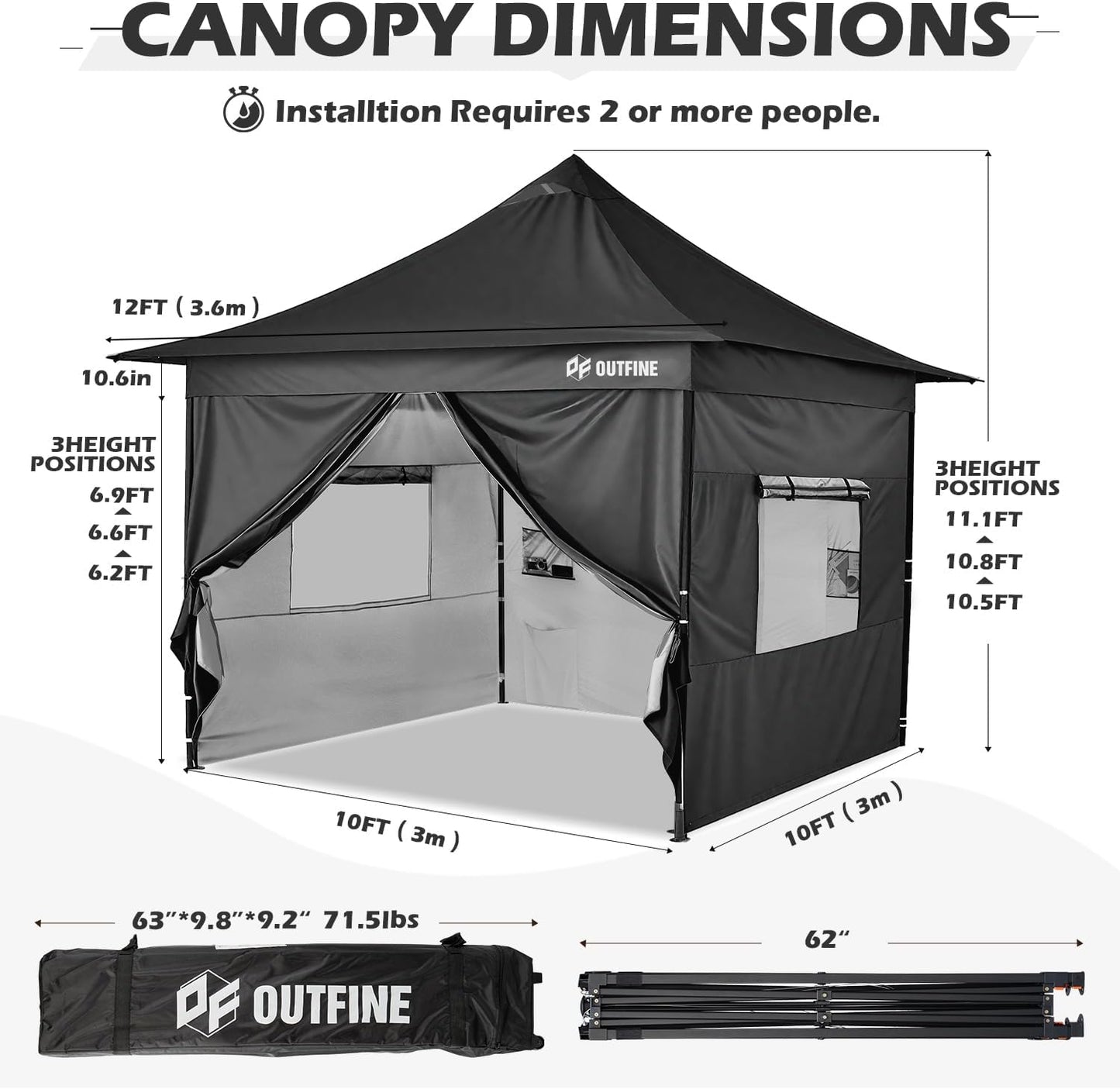 OUTFINE 12×12 Pop Up Canopy-Heavy Duty Canopy Tent with Sturdy Metal Frame(10×10 Base) Reinforced with Steel Cables, Roller Bag, Sidewall×4 for Exhibition, Party&Backyard (Black, 12 * 12FT Pro)