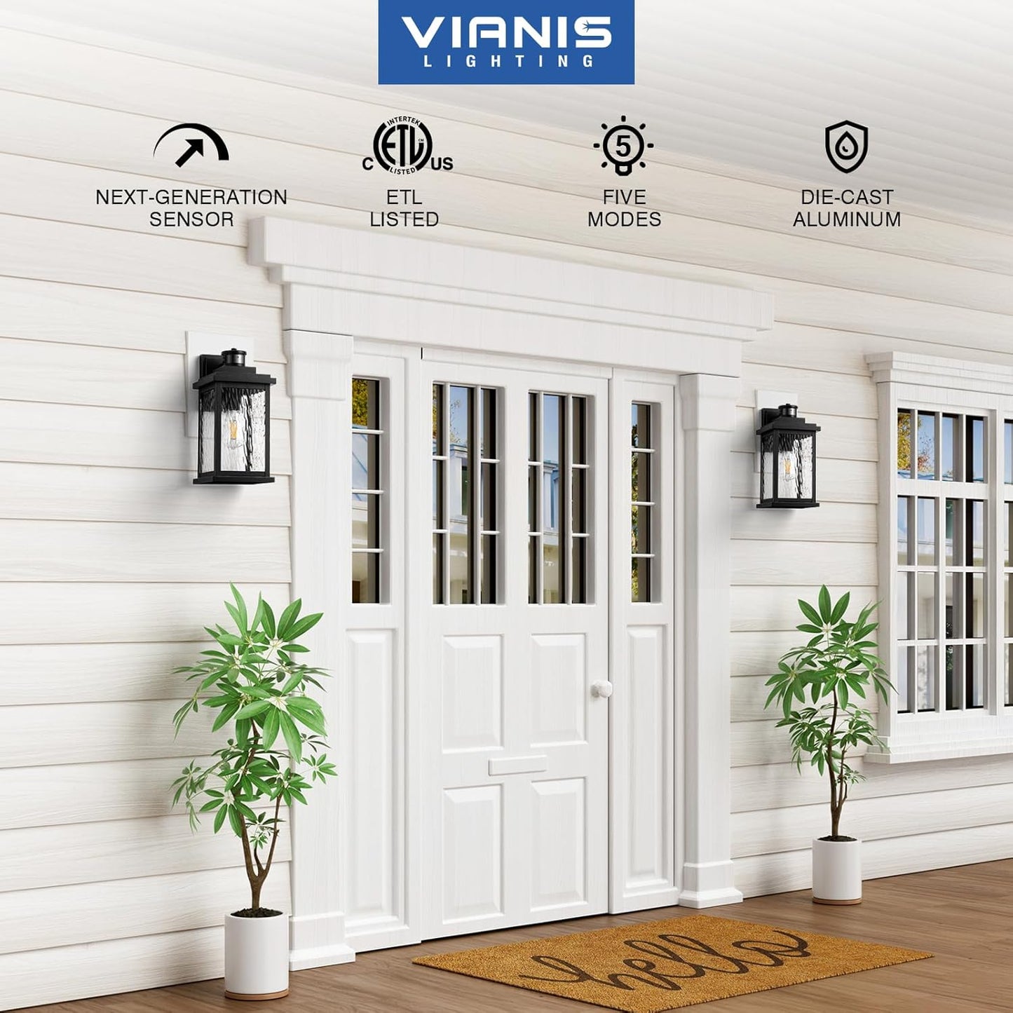 VIANIS Large Advanced Motion Sensor Outdoor Lights, Black Easy-to-Install Dusk to Dawn Outdoor Wall Lights, Aluminum Waterproof Porch Light with Water Glass for Porch, Garden, Front Door
