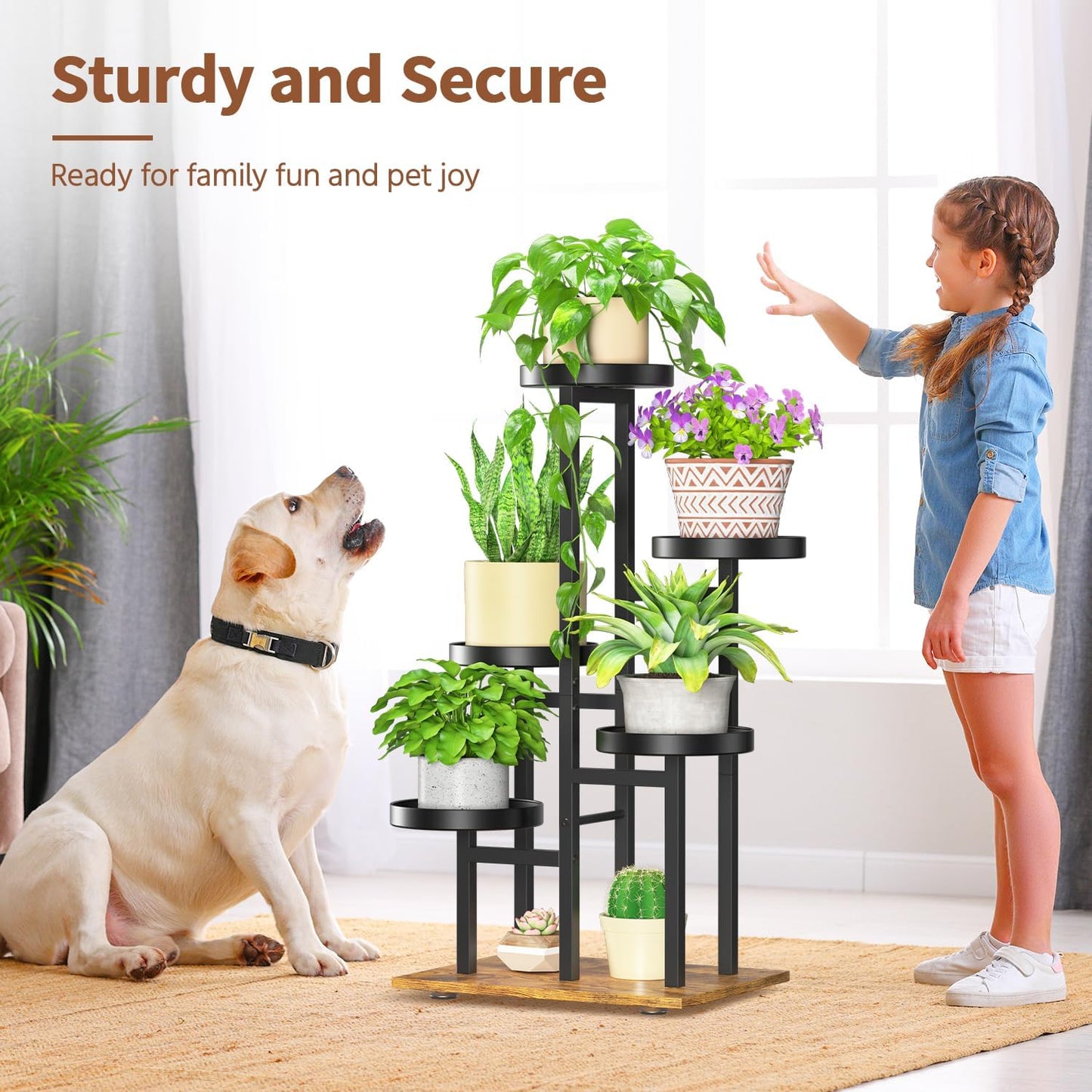 LASZOLA Black 5 Tier Plant Stand Indoor Heavy Duty Rack for Modern House Planter, Metal and Wooden Vertical Organizer Decor Narrow Bathroom Floor, Sturdy Multi Level Flower Holder Raised, Cat Proof