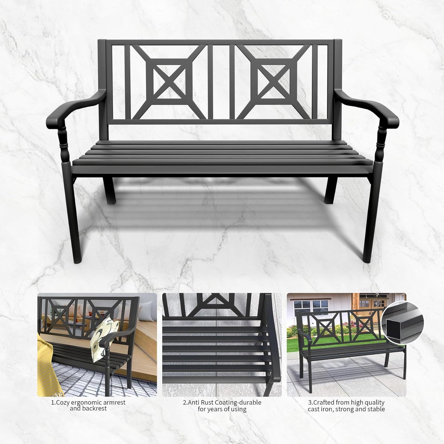 YLGJ&TIDY 50" Outdoor Bench, Metal Garden Bench, Patio Park Bench with Backrest & Armrests, Rust-Resistant, Perfect for Gardens, Parks, Porch, Lawn and Yard (BENCH05 2PK)