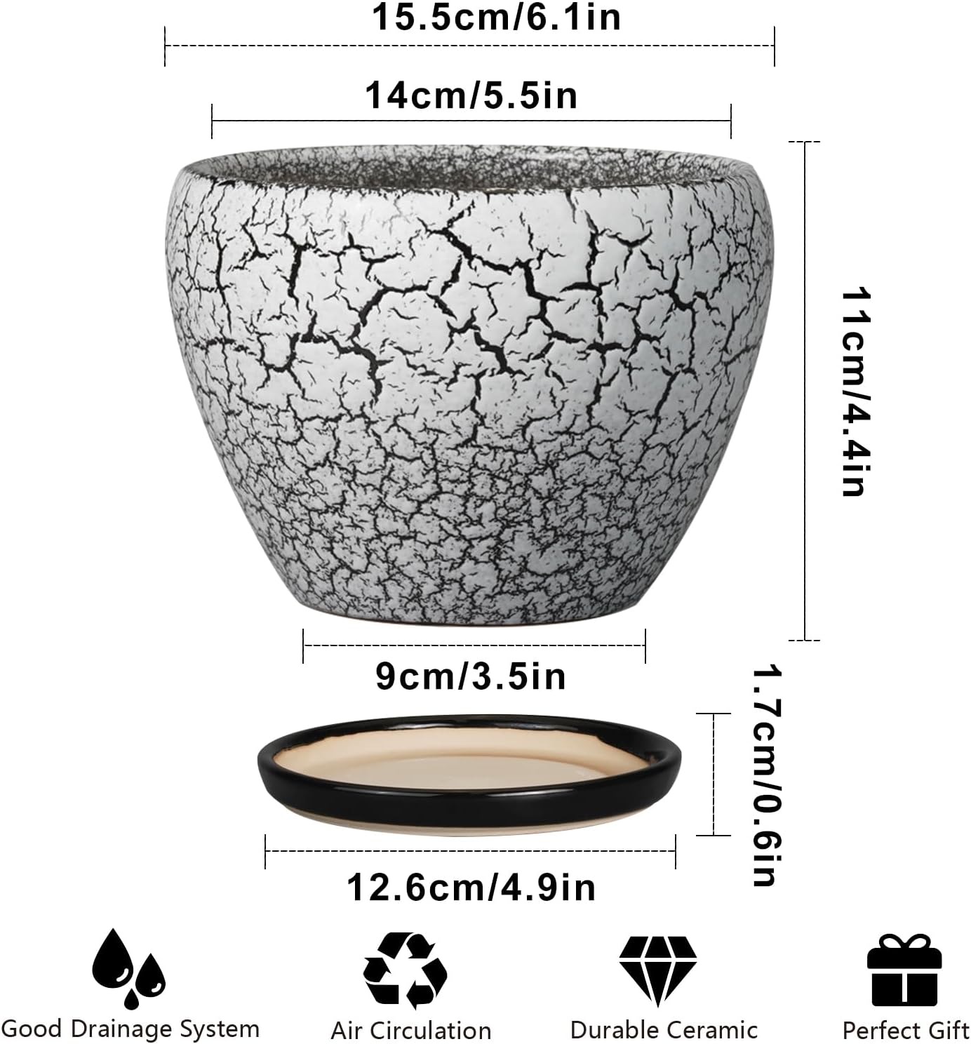 Ceramic Planter Pot - 6 Inch Plant Pot with Drainage Hole and Saucer, Succulent Pot Glaze Round for Indoor Outdoor Plants, White and Black
