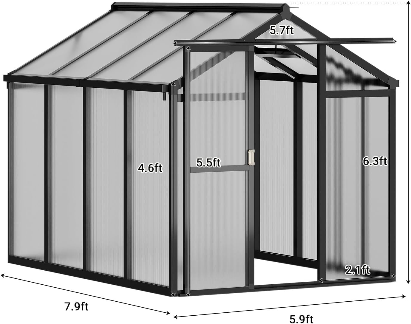 6 x 8 FT Greenhouse, Greenhouses for Outside, Polycarbonate Greenhouse with Aluminum Frame, Lockable Door and Ajustable Roof Vent for Backyard, Green Houses for Outside Garden Backyard, Patio