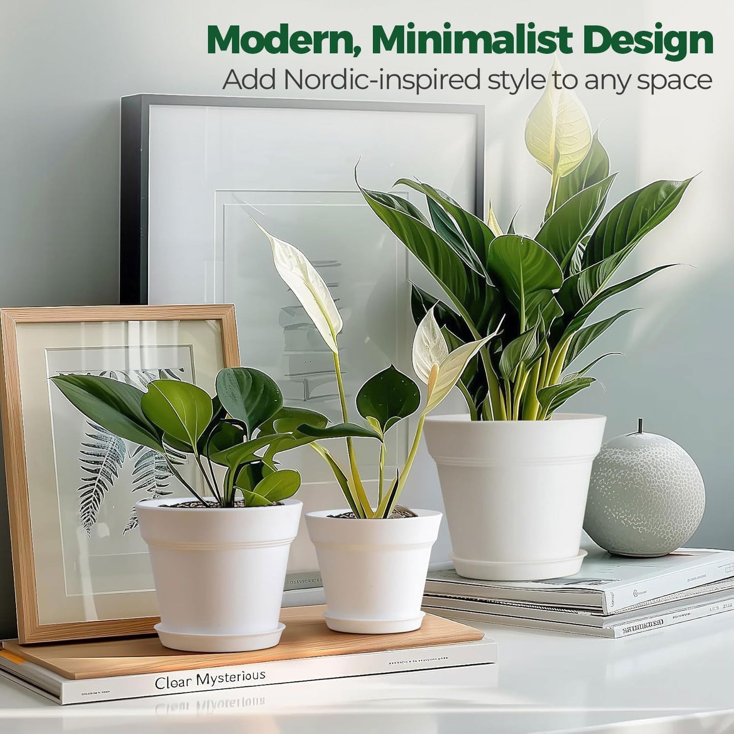 T4U 5 Inch Plant Pot 8-Pack, Plastic Pots with Drainage Hole and Saucer, Decorative Flower Pots Bulk for African Violet, Snake Plant, Succulent and All House Plants Indoor (8pcs 5" Pots, White)