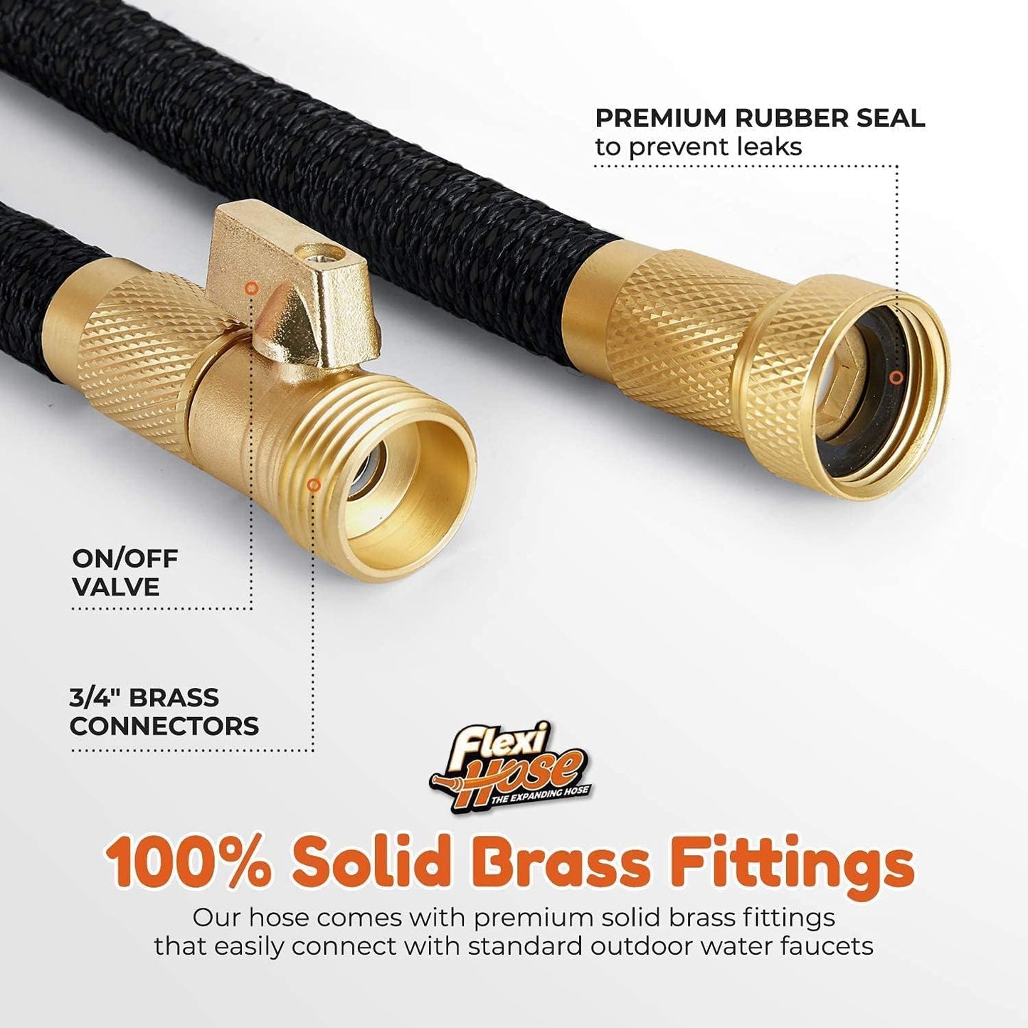 Flexi Hose with 8 Function Nozzle, 75FT - Lightweight Expandable Garden Hose, No-Kink Flexibility, 3/4 Inch Solid Brass Fittings and Double Latex Core