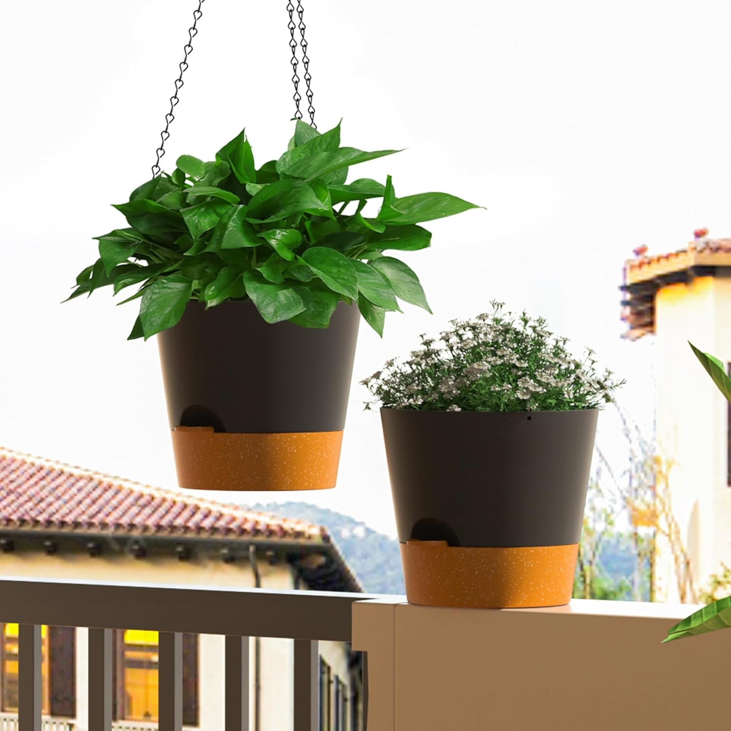Hanging Planters for Indoor Outdoor Plants, 2 Pack Self Watering Hanging Pot with Drainage Holes and Plant Hangers, Hanging Baskets Flower Pots for Home Garden Decor (Black, 10 inch)