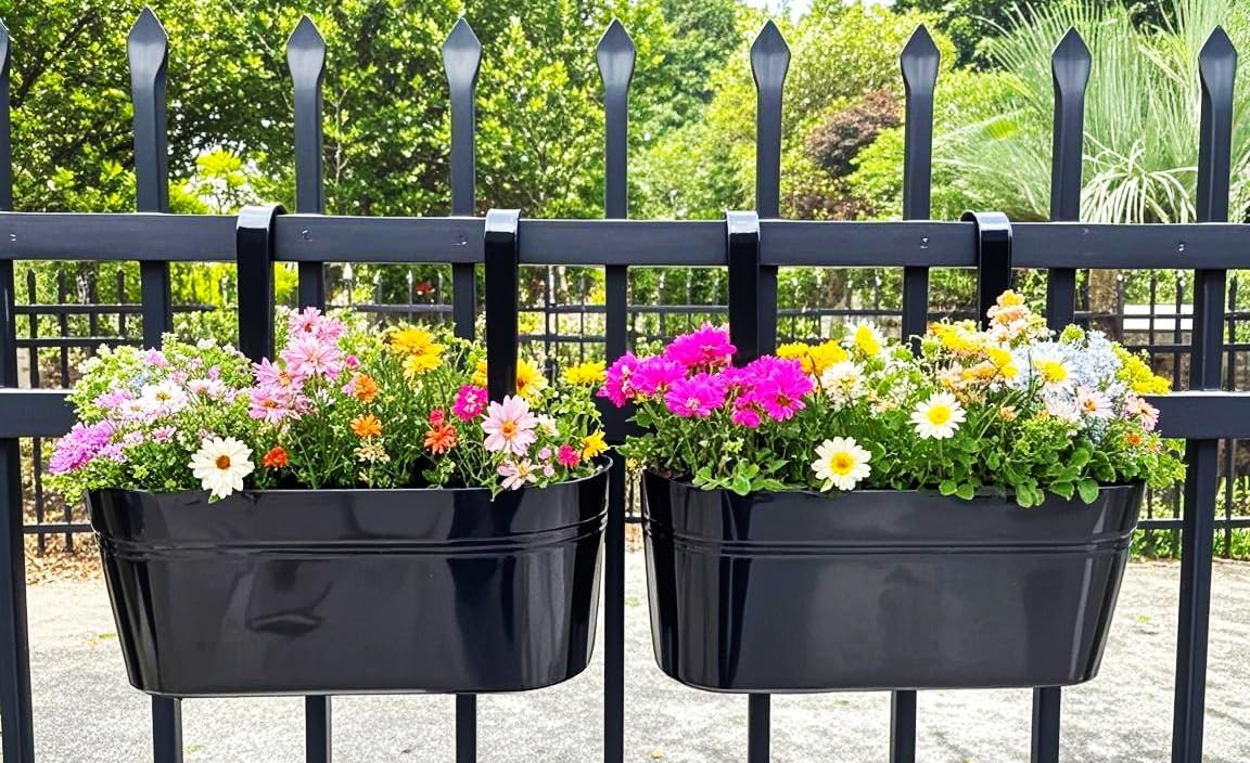 Hanging Planters for Outdoor Plants, 17" Railing Planter Pots, Metal Fence Flower Pot for Porch Balcony with Detachable Hook (Black, Pack of 4)