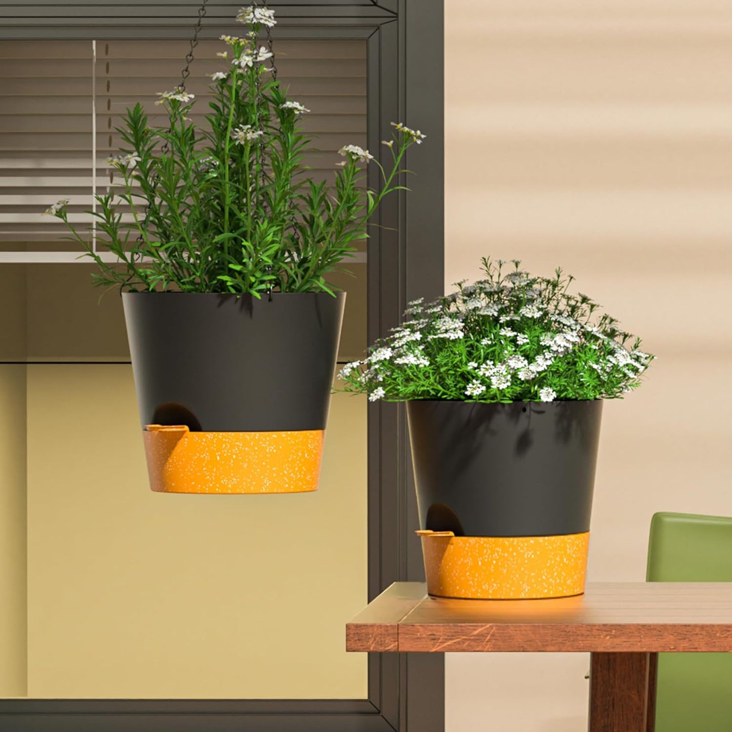 Hanging Planters for Indoor Outdoor Plants, 2 Pack Self Watering Hanging Pot with Drainage Holes and Plant Hangers, Hanging Baskets Flower Pots for Home Garden Decor (Black, 10 inch)