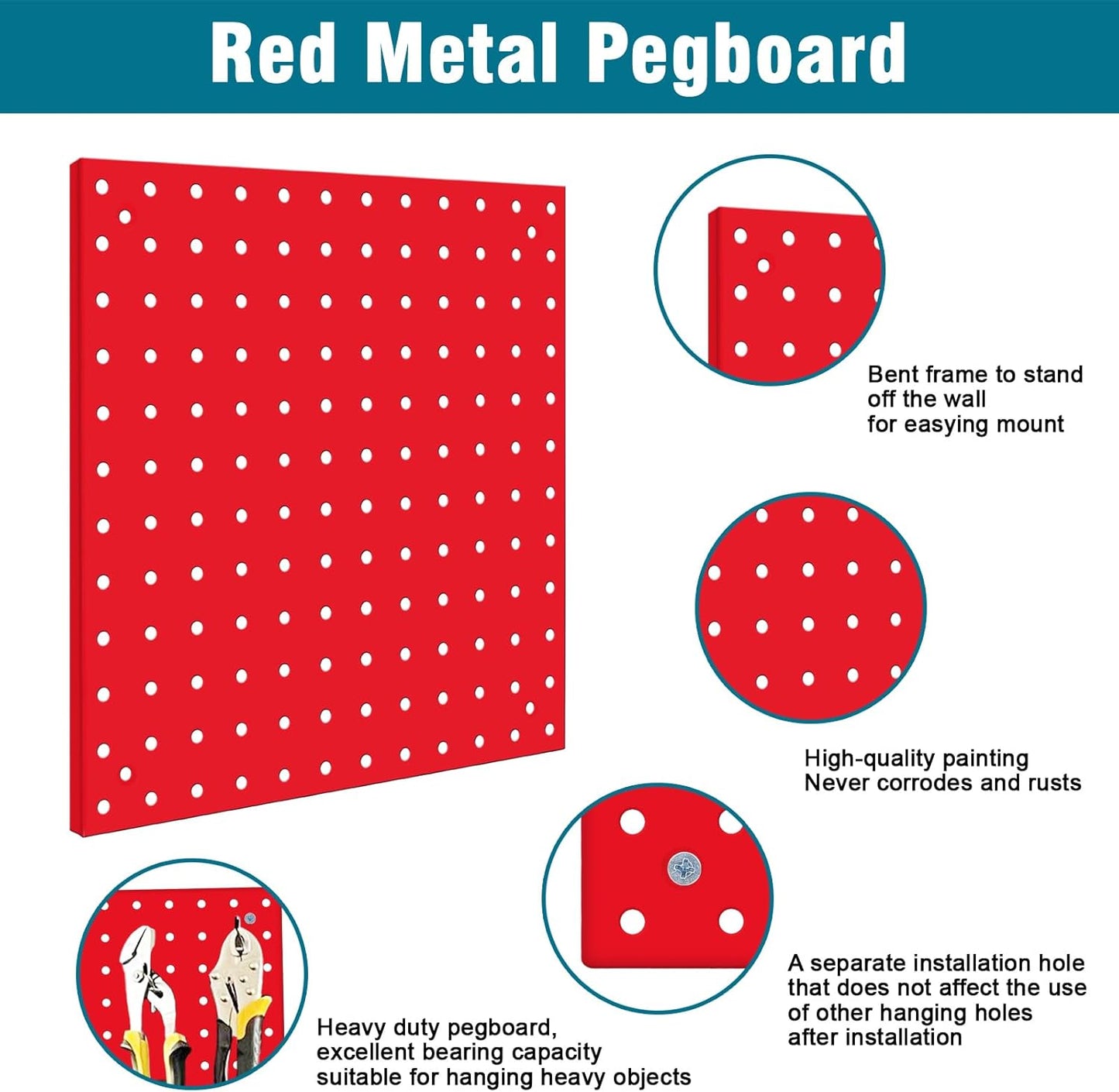 6 Pack Steel Peg Board,Universal 1/8 and 1/4 Pegboard Accessories,Ideal for Garage Tool Storage, Office Organization, Craft Room, Kitchen etc. (Red, 6-12X12)