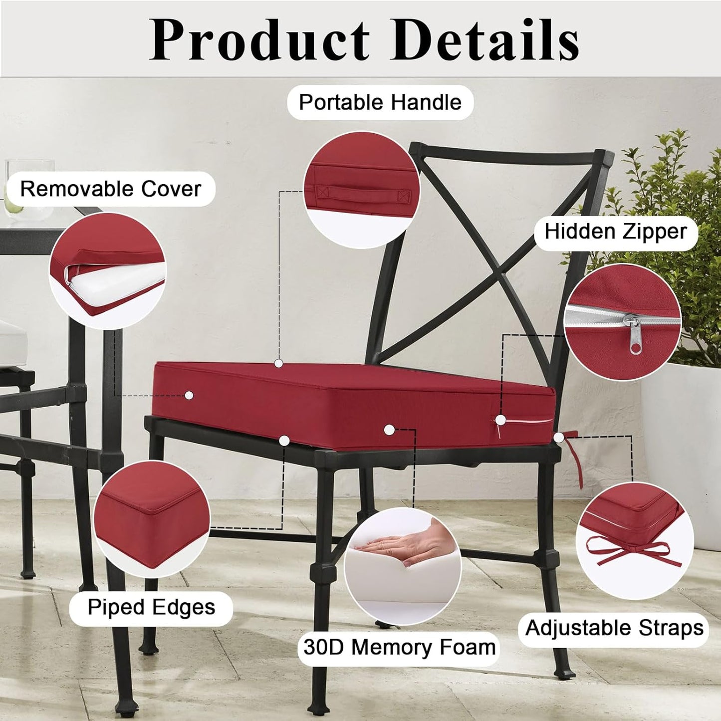 Outdoor Chair Cushions Set of 2 for Patio Furniture 18.5x16x3 Inch Waterproof Patio Chair Cushion 3 Year Color Fastness Rectangle Elastic Foam Garden Couch Pads with Ties and Handle,Red