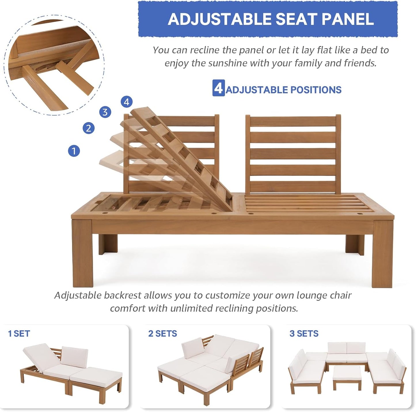 SUNSITT 6 Piece Acacia Wood Patio Furniture Outdoor Sectional Sofa Set with Adjustable Armrest, FSC Certified L-Shaped Patio Set w/2-in-1 Coffee Table, Cream White Cushions for Garden