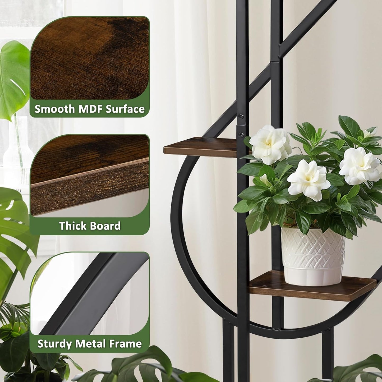 5-Tier Indoor Plant Stand, S-Shaped Corner Plant Stand with hanging Hooks & Gardening Tools, Aesthetic Tall Plants Shelf for Multiple Plants Flower Pot, Outdoor Plant Holder in Patio Balcony