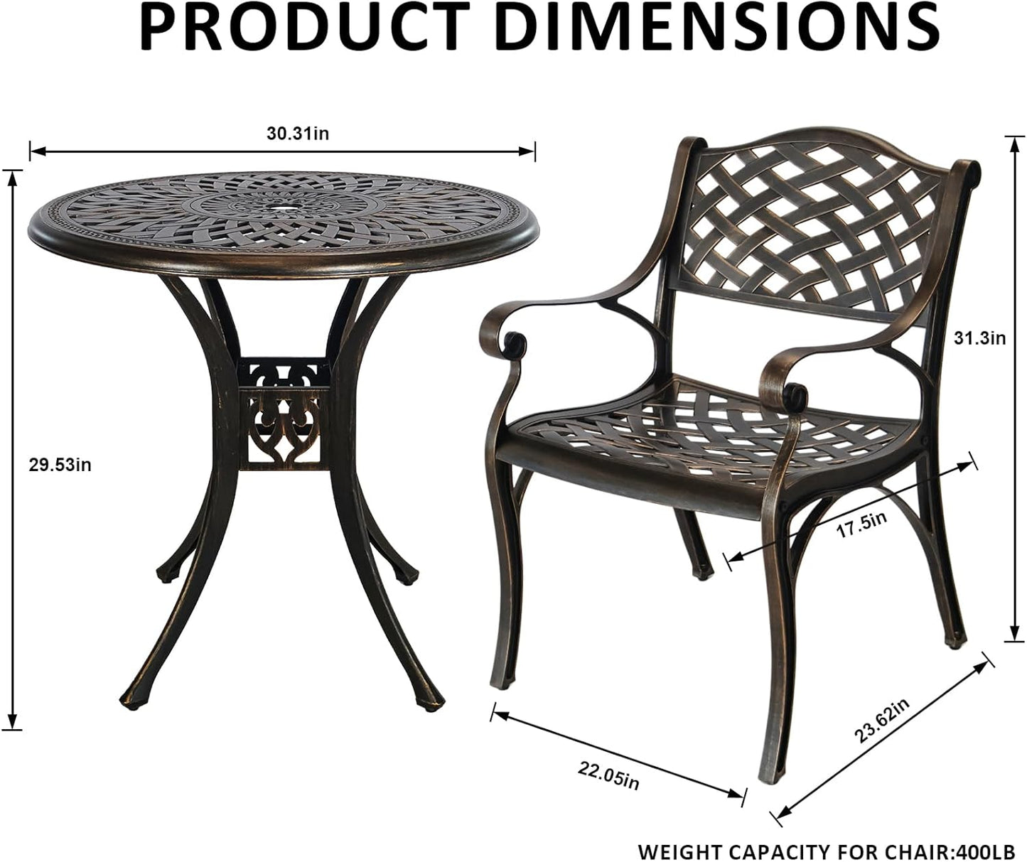 3 Piece Patio Set Metal Bistro Table and Chairs Set of 2 with Umbrella Hole,Cast Aluminum Bistro Table Set Outdoor All Weather Patio Furniture Set for Garden,Backyard,Bronze
