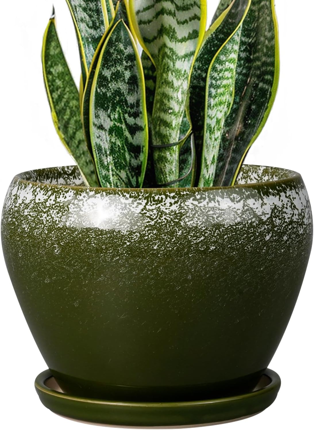 8 Inch Plant Pot - Ceramic Planter with Drainage Hole and Saucer, Modern Flower Pot for Glazed Indoor Plants Outdoor, Dark Green
