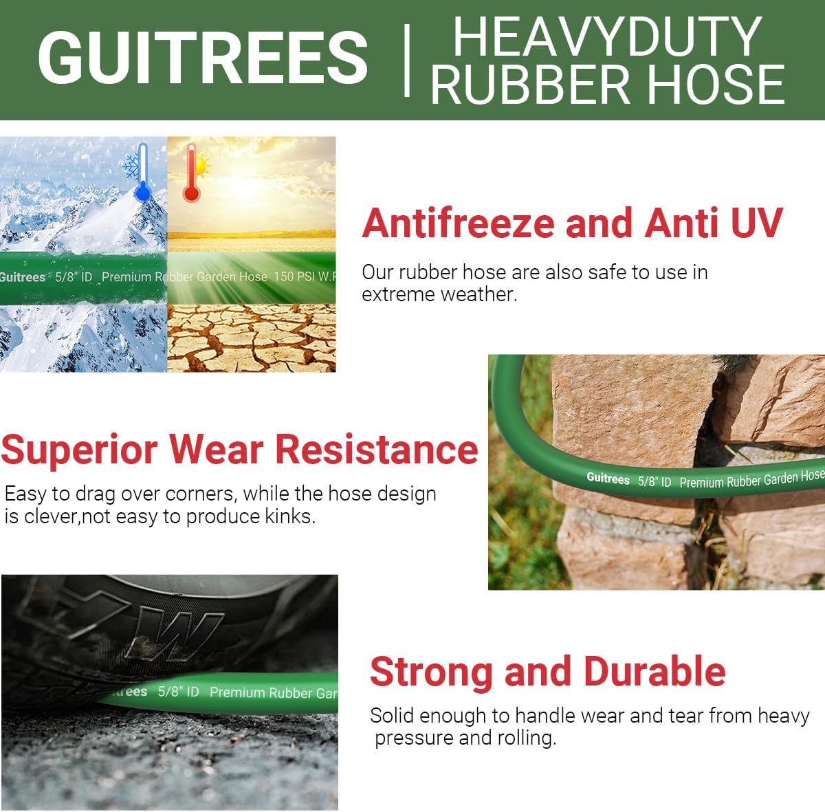 75FT 5/8 Heavy Duty Rubber Garden Hose - 200psi Working, 1000psi Burst - Hot/Cold Water - Five-Layered Braiding for Durability - Versatile for Gardening, Agriculture, Construction(Green)