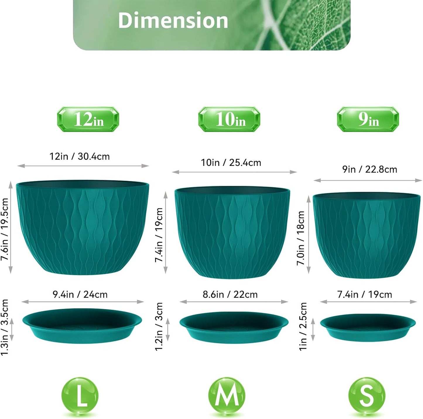 Plant Pots 12/10/9 Inch Pots, Set of 3 Plastic Planters with Drainage Holes and Saucers,Plastic Flower Pots,Nursery Planting Pot for Indoor Out Door Plants（Teal）