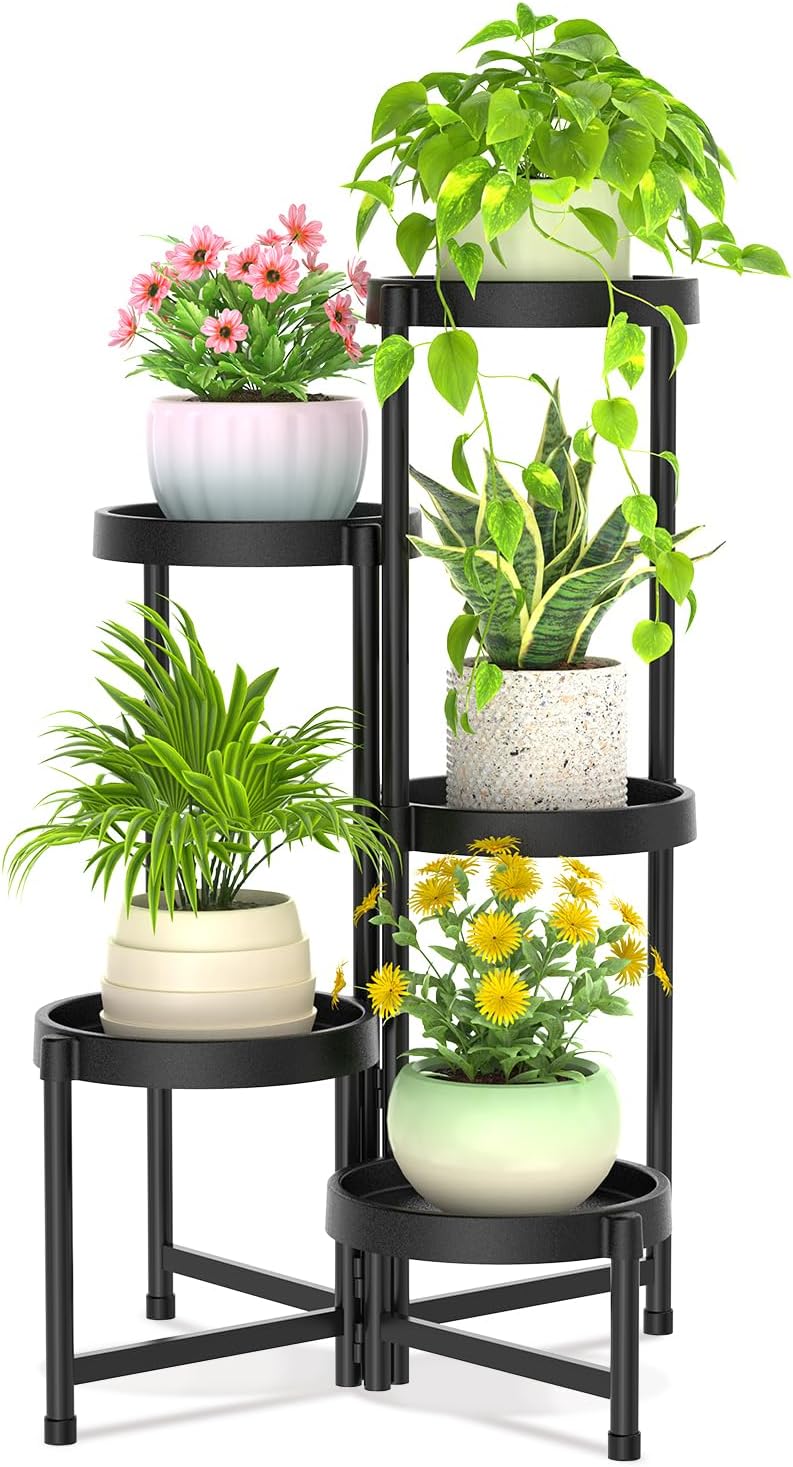 iDavosic.ly 5 Tier Folding Plant Stand Indoor Outdoor with Plastic Tray, Tiered Corner Flower Holder Shelf, Metal Orchid Display Rack for Patio Porch Living Room Garden Balcony, Modern Black