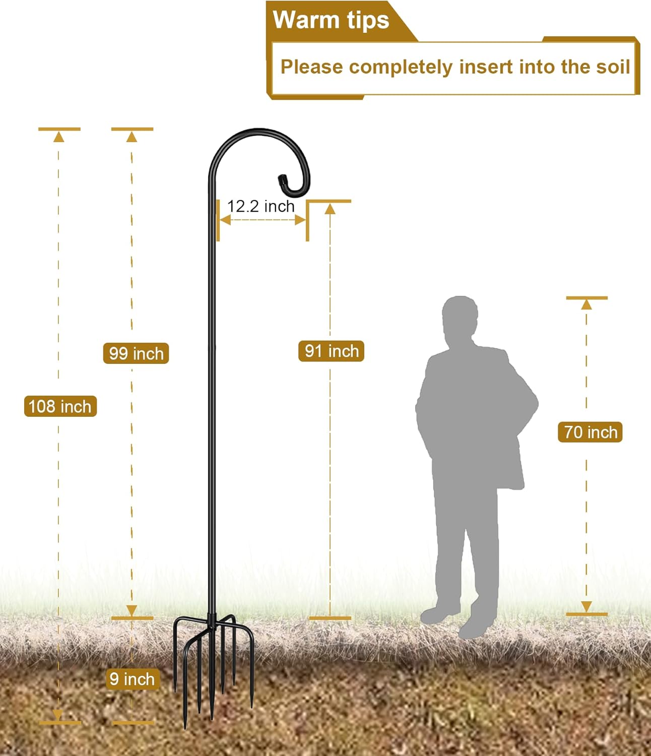 Shepherd Hook 108 Inch Tall Heavy-Duty Metal Garden Hanging Pole Stake for Bird Feeder Pole Plant Baskets, Black (2 Pack)