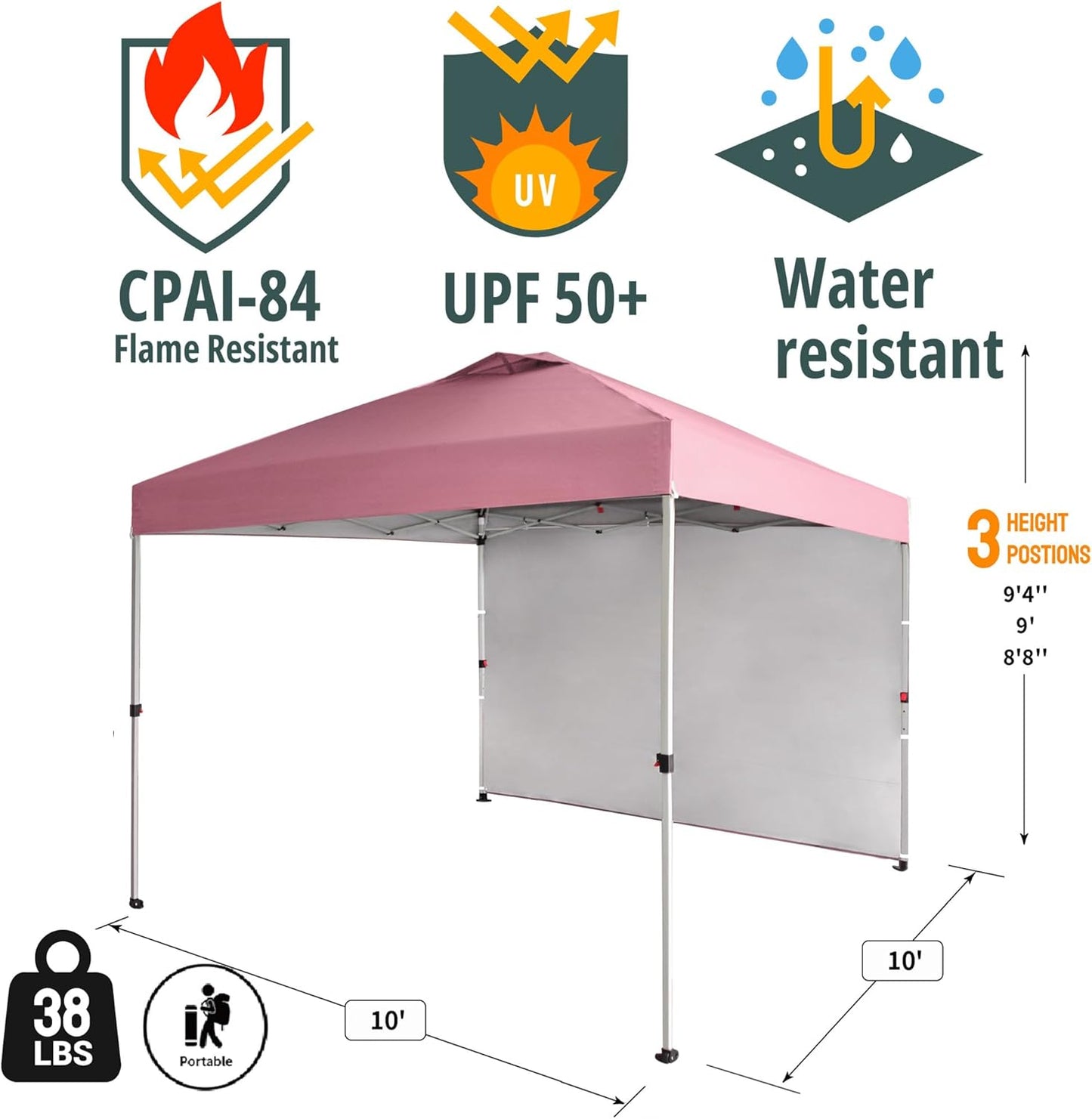 CROWN SHADES 10x10 Pop Up Canopy with 1 Side Wall - Beach Tent with One Push Setup - Outdoor Sun Shade for Events, Parties, Camping - Gazebo with STO-N-Go Cover Bag (Pink)