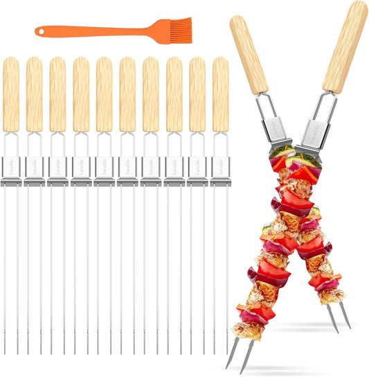Skewers for Grilling, 17" (10 Pcs) Wooden Handle Double Pronged Stainless Steel Flat Kabob Skewers with Push Bar, Reusable Long Metal Skewer Sticks for Meat Chicken Vegetable, BBQ Accessories