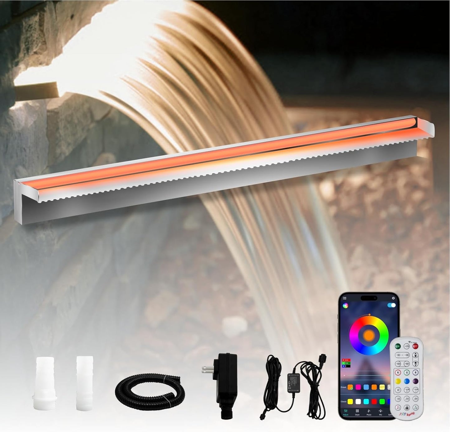 Pond Waterfall Spillway Stainless Steel Pool Fountain, APP Control LED Lighted Waterfalls Kit, Outdoor Water Flow Waterfalls Kit for Garden Patio Koi Pond Decoration-35.4"x7.8"x3.9"