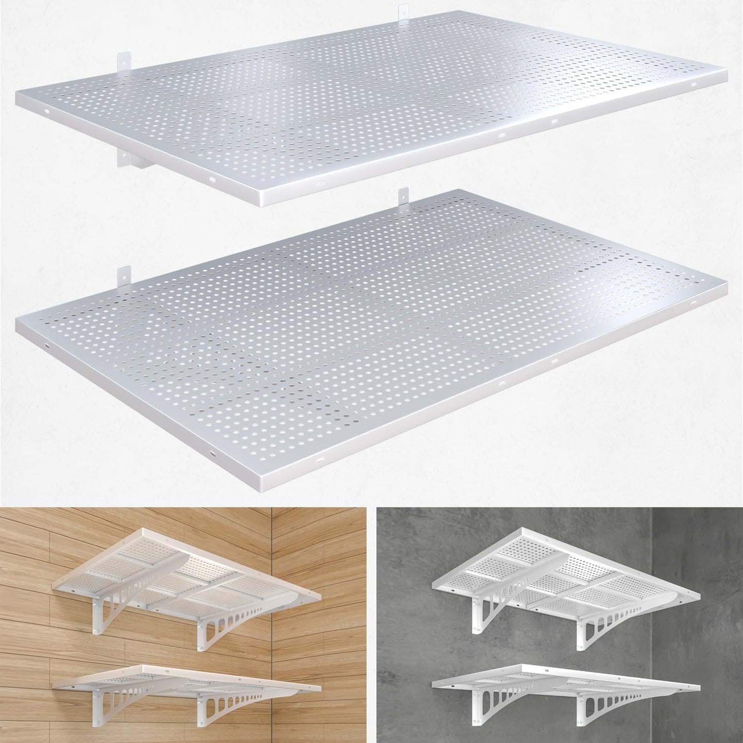 2-Pack 2x3ft Heavy Duty Garag e Wall Shelving, 500 lbs Load Capacity, Garage Shelving Wall Mounted, Garage Storage Rack with Hooks, White