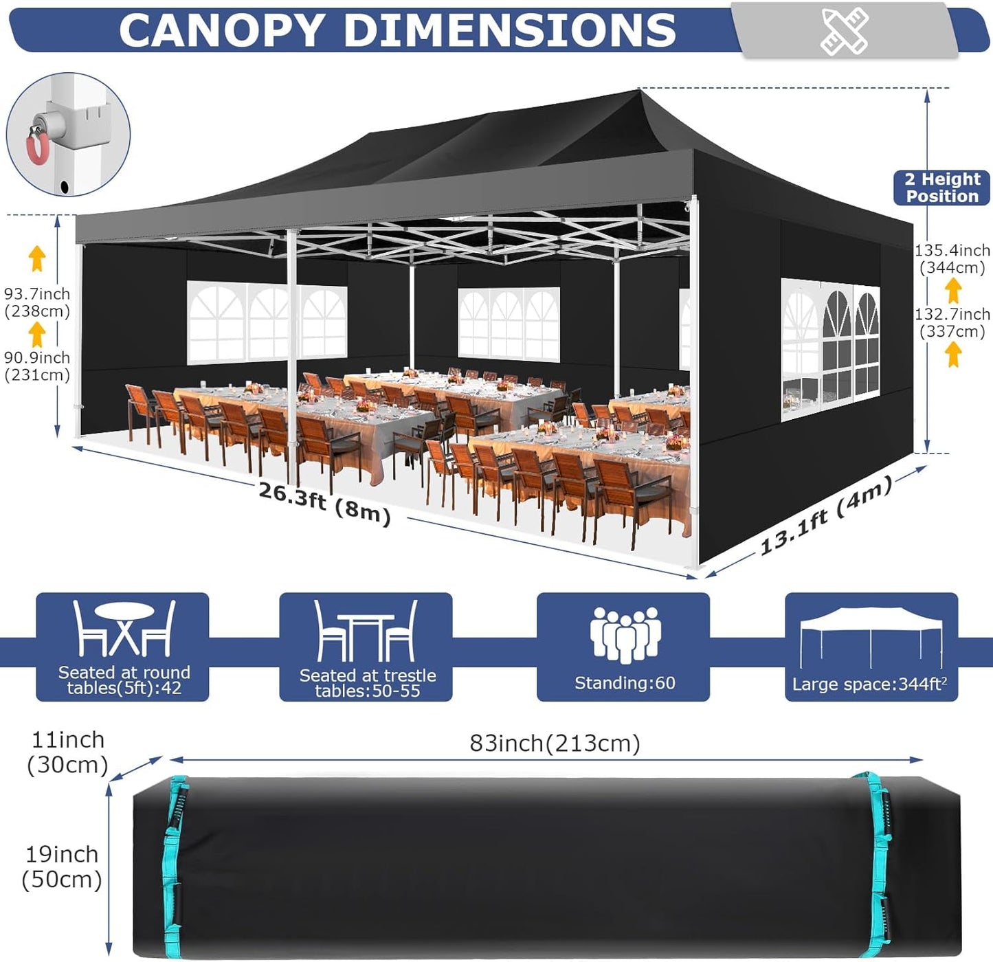 COBIZI 13x26 Pop up Canopy Heavy Duty with 6 Sidewalls, Easy Set-up Commercial Outdoor Party, 100% Waterproof Wedding Canopy Gazebo, 2 Height Adjustable with Wheeled Bag,Black