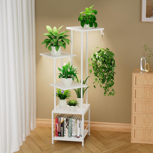 Plant Stand Indoor with Grow Light, 5-Tiered Tall Plant Stand Indoor, Metal Plant Shelf with Hanging Basket Hook and Adjustable Light, Ideal for Living Room, Garden, Patio white