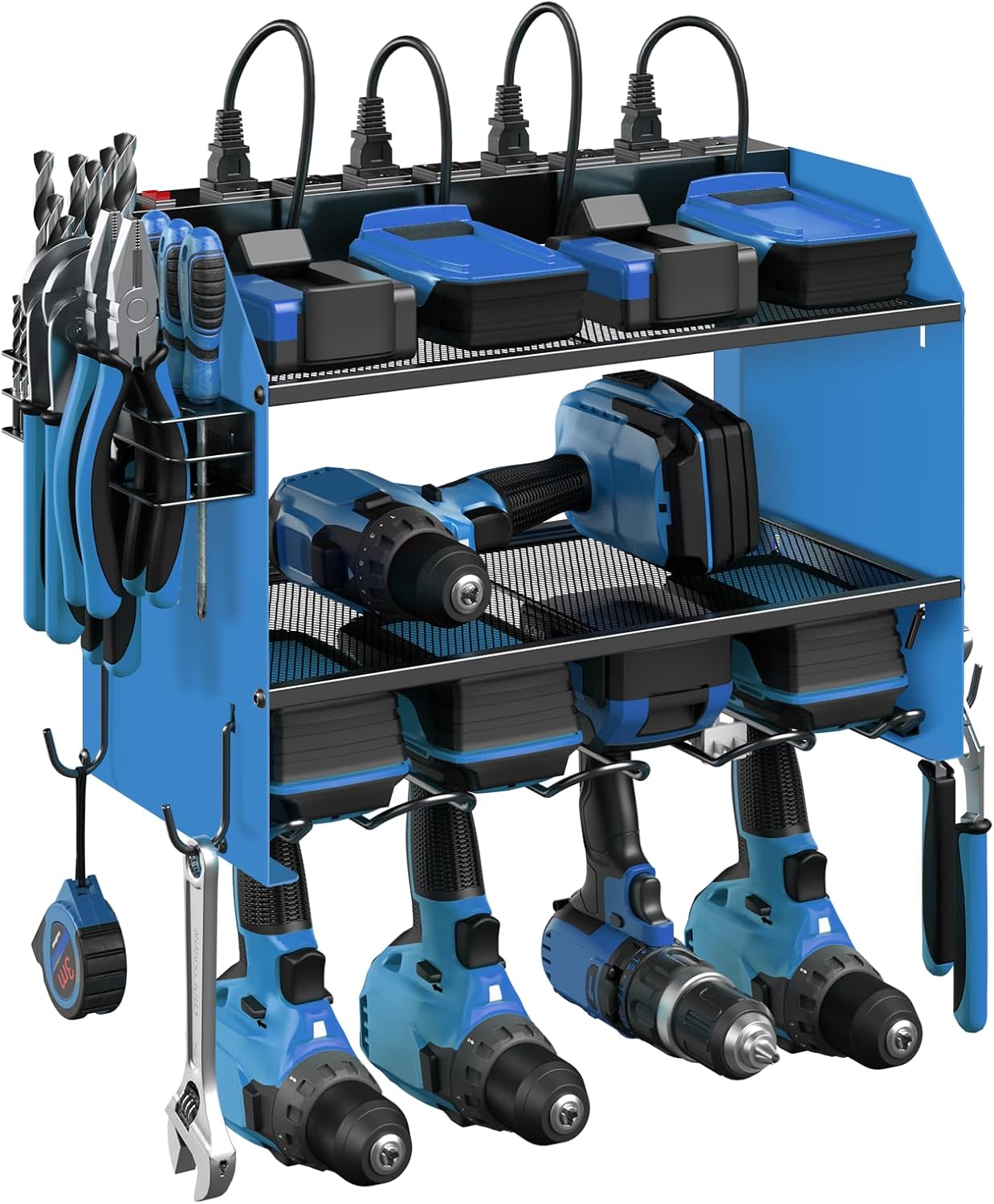 CCCEI Set Power Tool Organizer Wall Mount with Charging Station. Garage 4 Drill Storage Shelf with Hooks, Heavy Duty Metal Tool Battery Charger Organizer. Shop Utility Rack with Power Strip Blue.