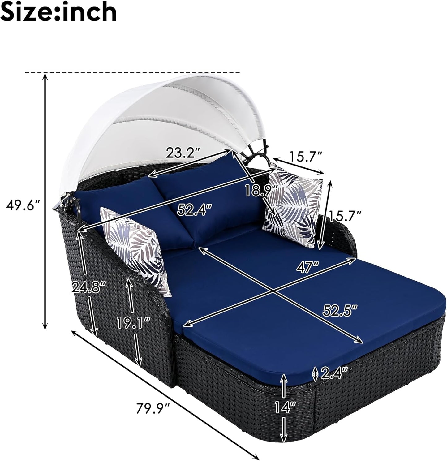 kevinplus Outdoor Patio Sunbed Daybed Double Lounge with Adjustable Canopy for Garden Backyard Pool, PE Rattan Wicker Material & Moveable Cushion Cover, Blue & Black