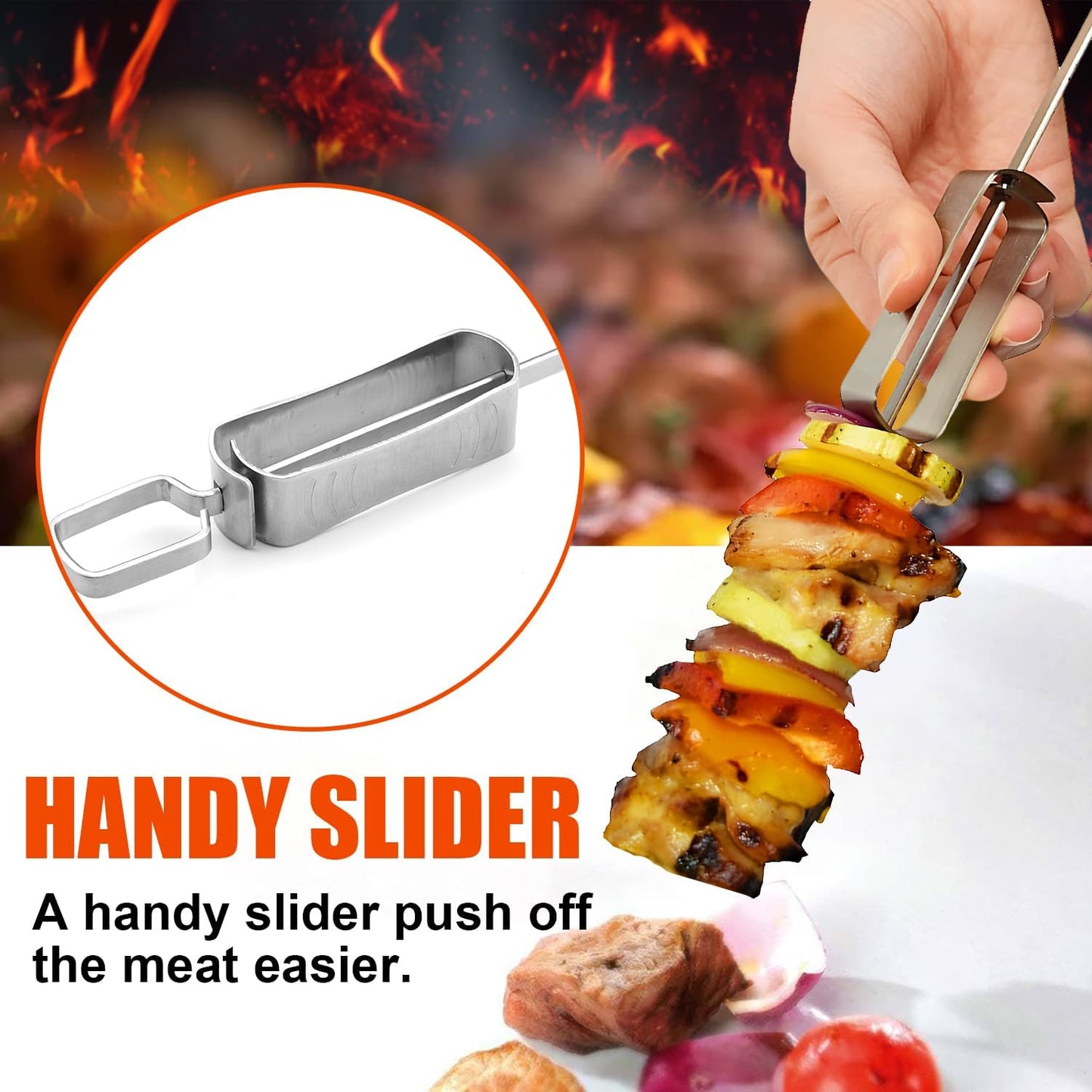 BBQ Skewers, Premium 304 Stainless Steel BBQ Skewers,15 Inch Heavy Duty Metal Kabob Sticks for Grilling, Reusable & Dishwasher Safe (Single fork10)