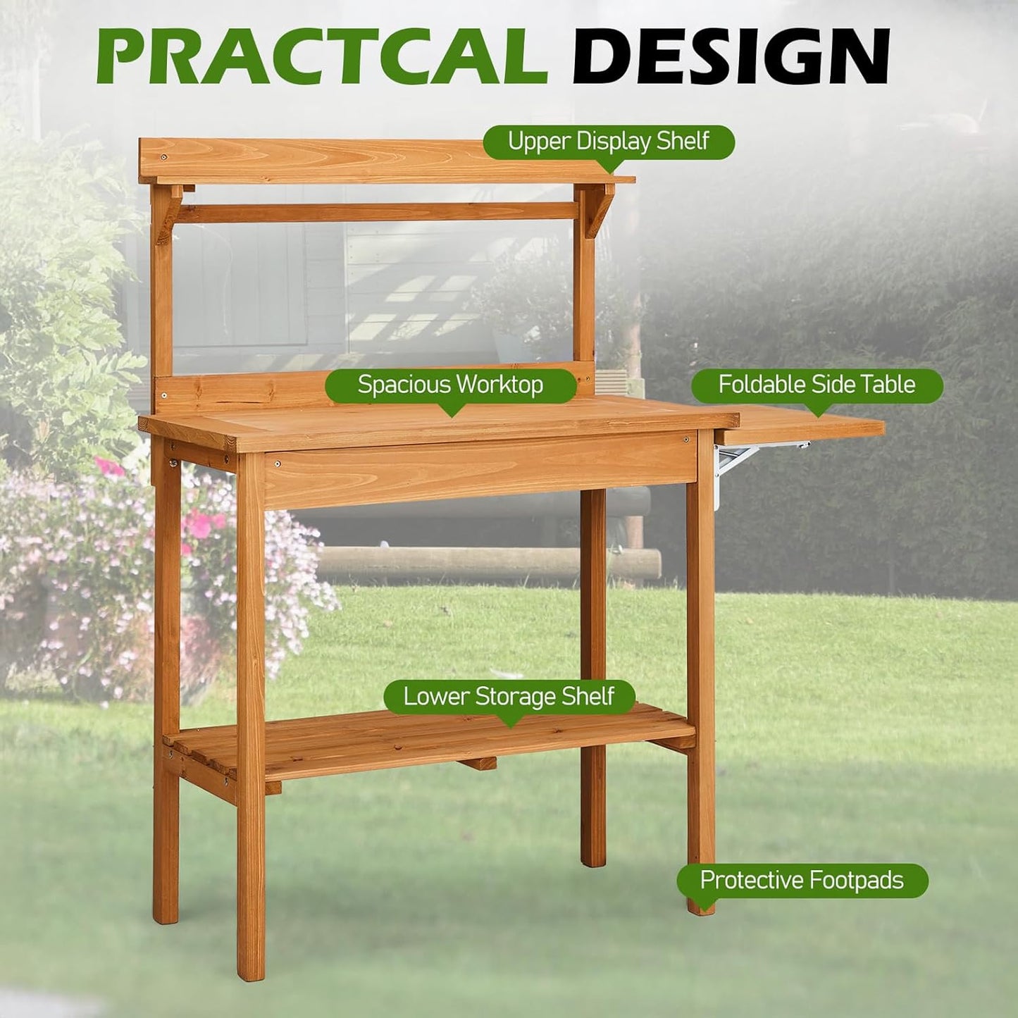 Outdoor Potting Bench Garden Work Station, Solid Wood Planting Table w/Sink Drawer Shelves,Metal Top, Folding Patio Furniture for Porch Balcony (45.3 x 17.9 x 51.2(Fir Wood Color))