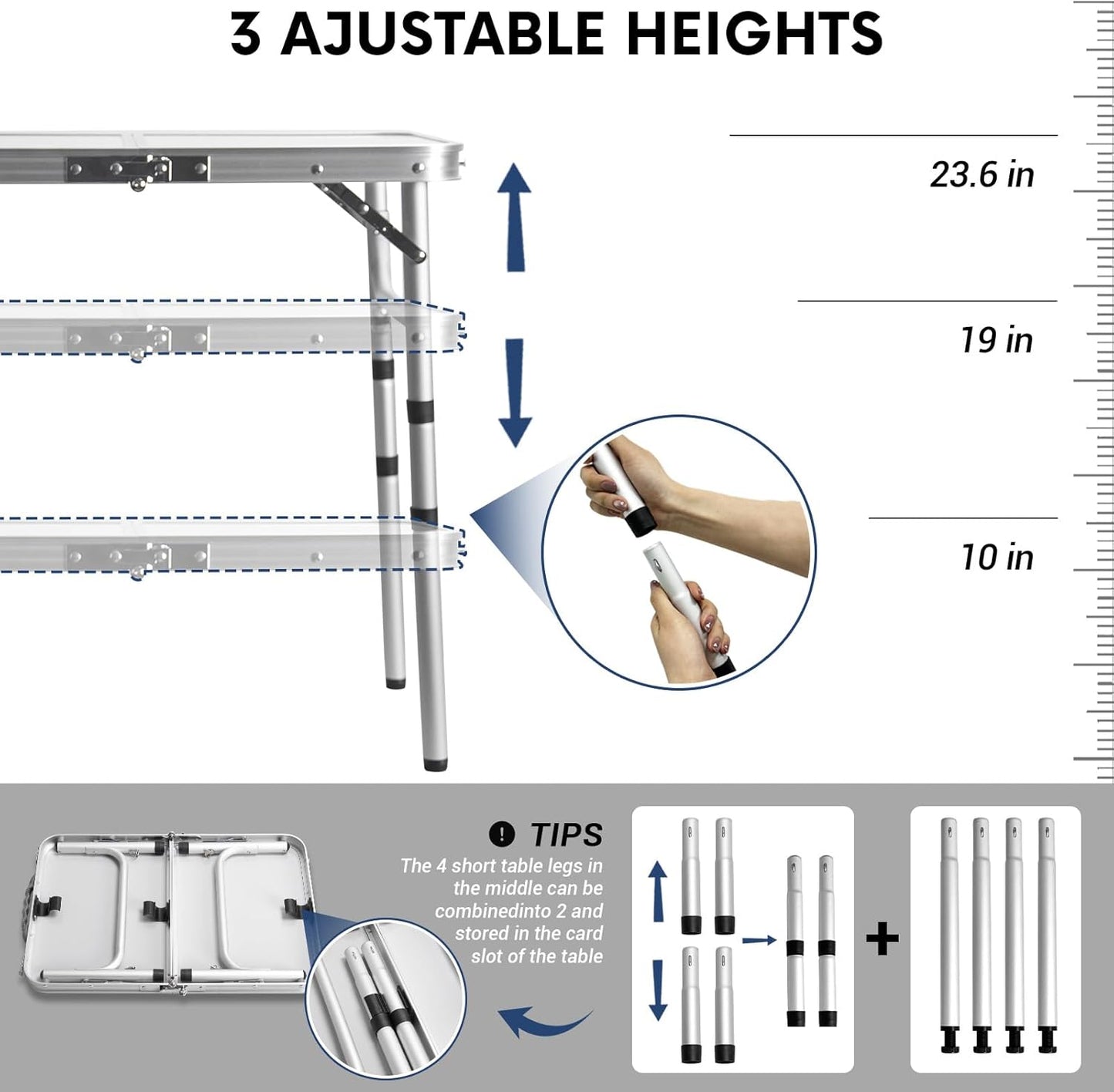 Small Folding Table 2FT Lightweight Portable Aluminum Camping Table for Picnic and Camping Mini Foldable with Adjustable Extended Height,Silver