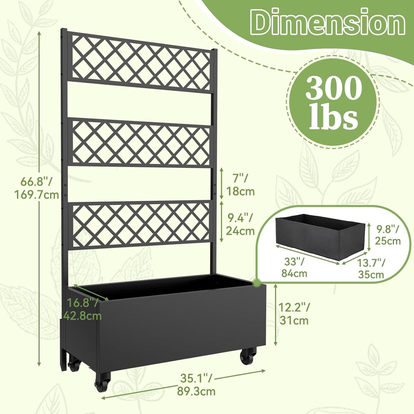 Metal Planter Box with Trellis Privacy Screen, 67"x35"x16" Raised Garden Bed with Trellis, Privacy Planter Boxes, with Planting Bag & Lockable Casters for Climbing Plants,Vegetables,and Vines