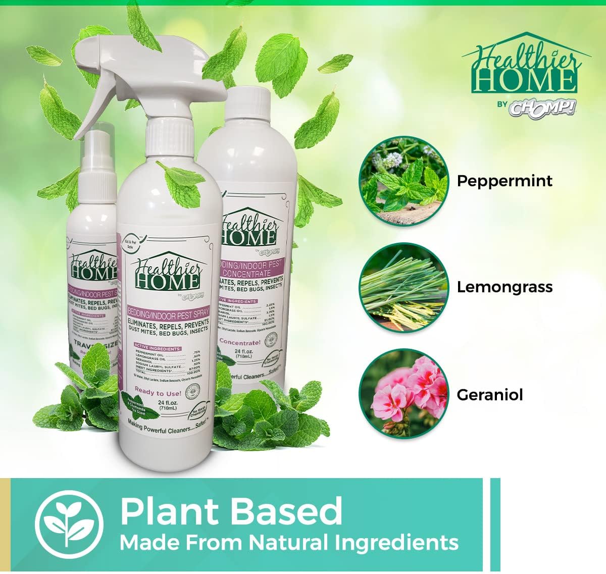 CHOMP! Insect and Pest Control Spray, 24 Ounces, Indoor and Outdoor Use, Plant-Based Formula Ants, Bed Bugs, Dust Mites Spiders, Made with Peppermint, Lemongrass, Geraniol