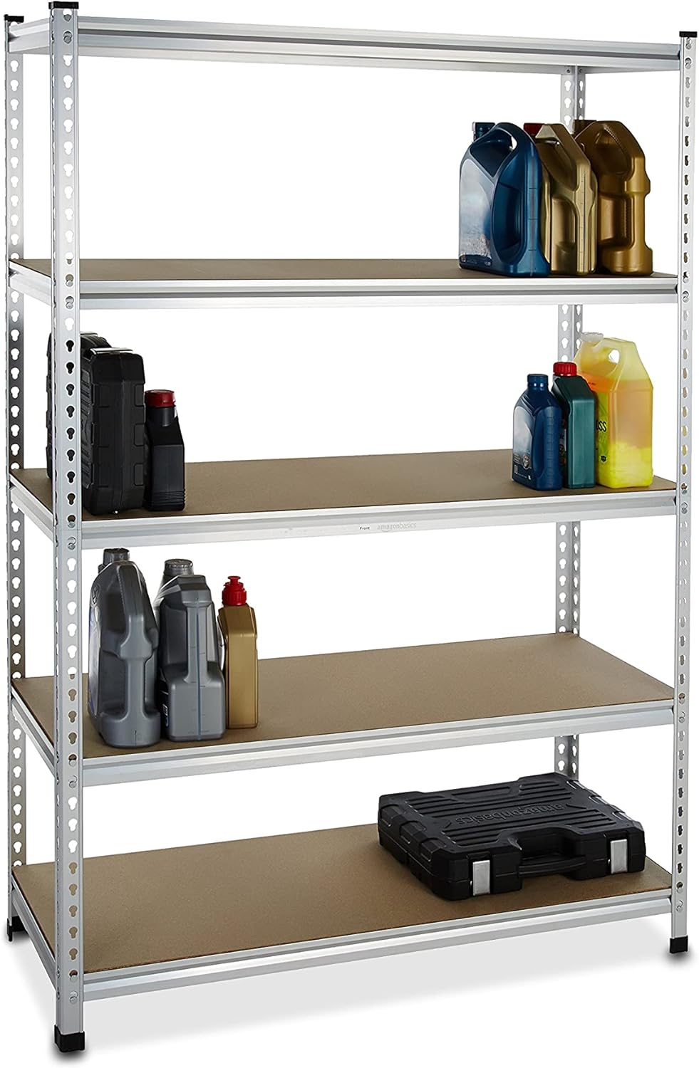 Amazon Basics 5 tier, Medium Duty Storage Shelving Double Post Press Board Shelf, Aluminum, 48 x 18 x 72