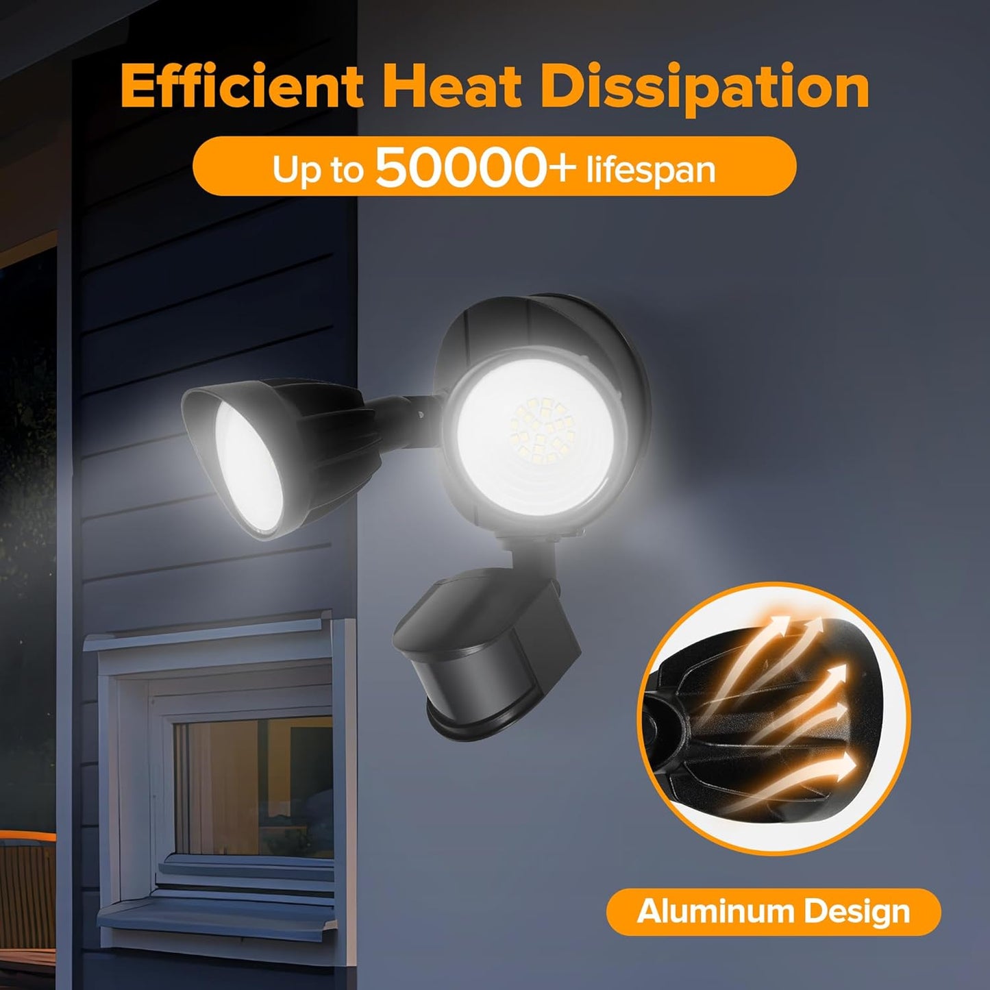 UME LED Security Light Motion Sensor Outdoor Lights, 27W 3000LM, 5000K, IP65 Waterproof, Dusk to Dawn, 2 Head Motion Detector Flood Light for Outside, Garage, Yard (Black)