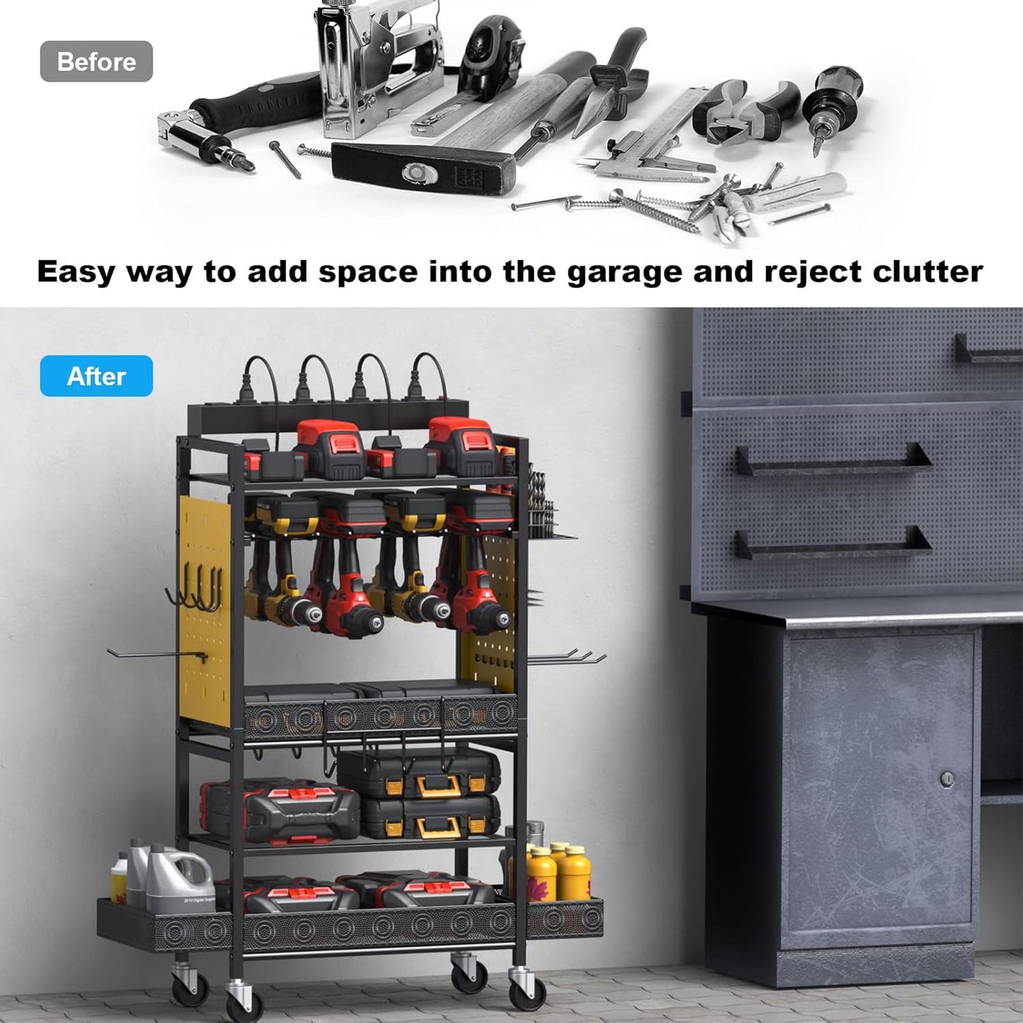 CCCEI Garage Power Tools Organizer Cart with Charging Station, Yellow Floor Standing Rolling Drill and Tools Battery Storage Cart on Wheels. Utility Rack Gift for Men, Husband, Father.