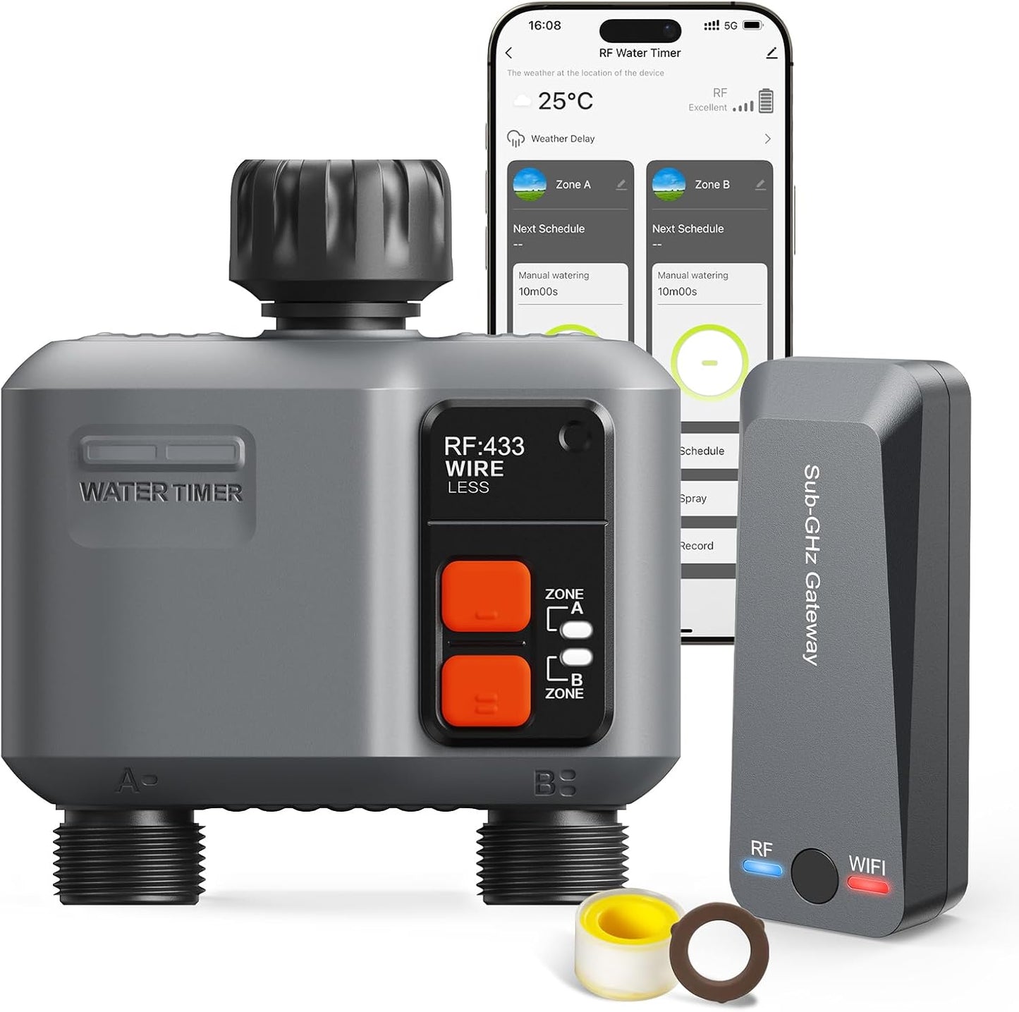 WiFi Sprinkler Timer 2 Zone with 984 Feet RF Gateway, 2 Outlet Smart Water Timer for Garden Hose with Rain Delay/Manual/Automatic,WiFi Water Hose Timers for Garden & Lawns