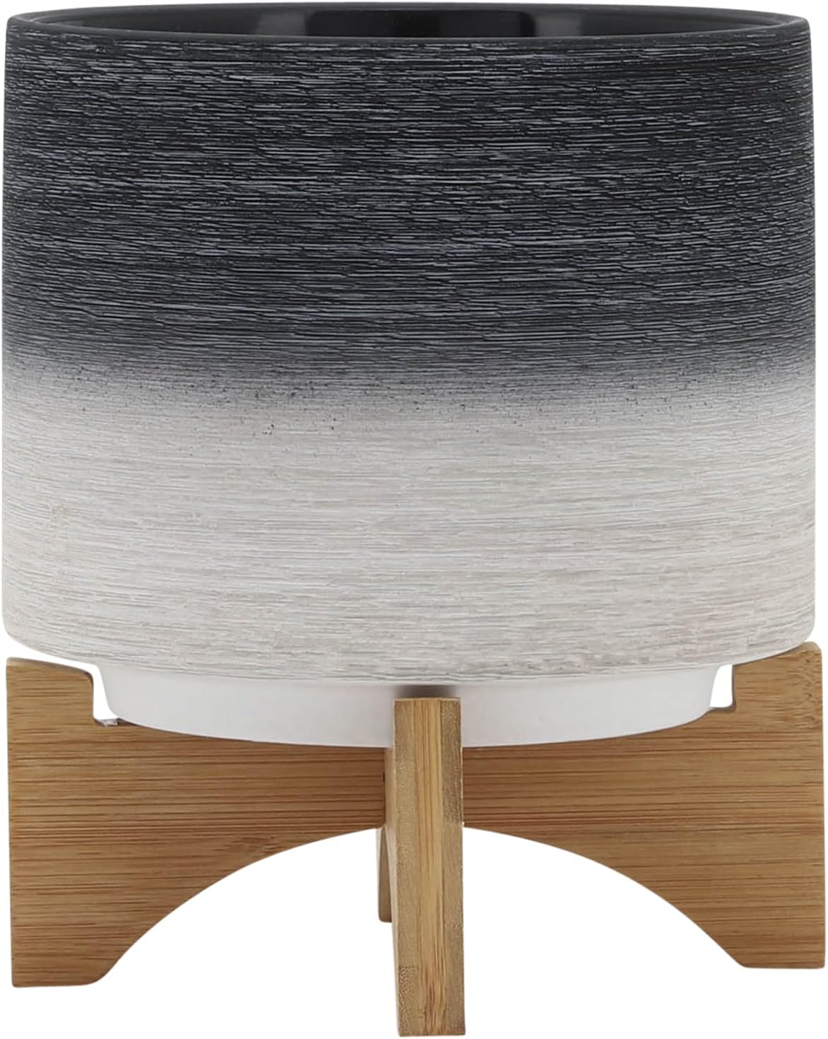 Modern Ceramic Planter with Wooden Stand – Stoneware Plant Pot Holder – Stylish Indoor & Outdoor Home Decor for Living Room, Bedroom, Office, or Garden – 9", Gray & White
