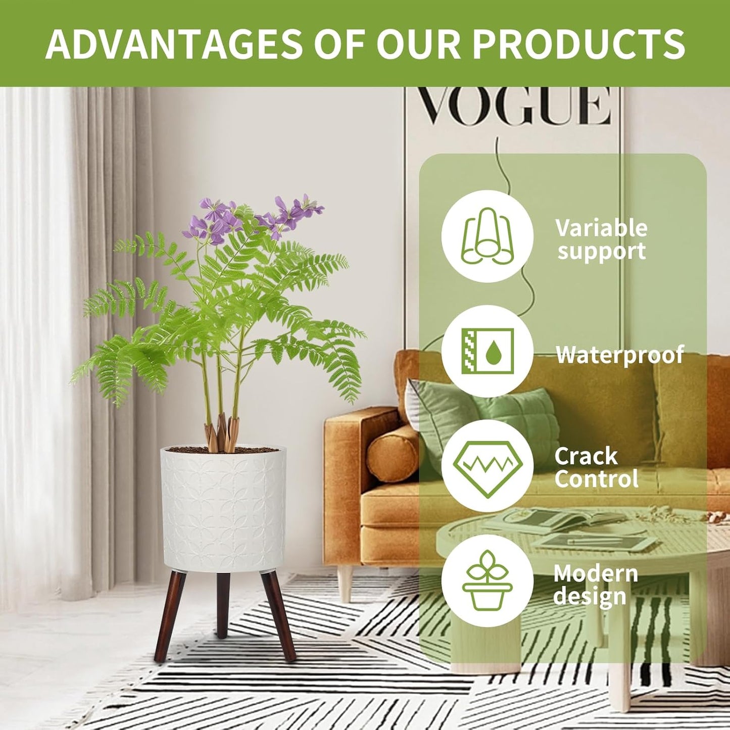 12 Inch Planter Pot with Stand, Planter for Indoor Plants, Modern Large Flower Planter Pot with Drainage Holes for Outdoor,Matte White