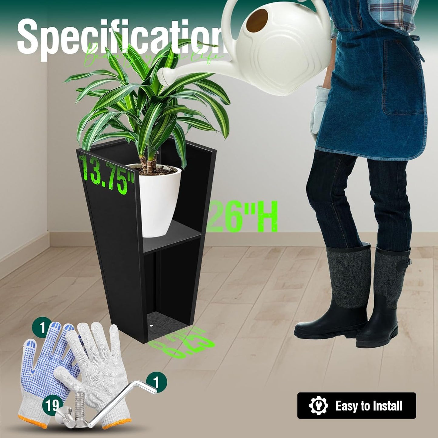 Tall Tapered Planter Front Porch Metal Flower Plant Pot Black 26 in Indoor Outdoor Galvanized Steel Modern Planter for Garden Patio Grande Plant Tree Commercial Residential