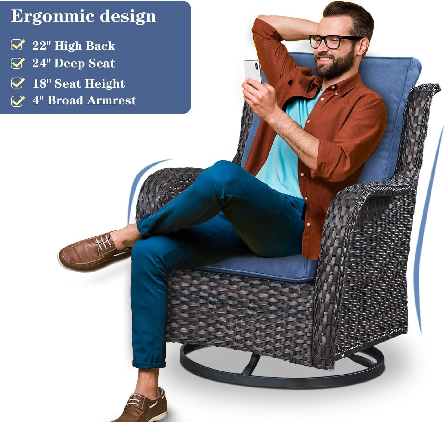 Wicker Outdoor Furniture Patio Furniture Set - 6 Piece Patio Conversation Set with Swivel Rocker Chairs, Rattan Sofa, Ottomans and Coffee Table, Blue Cushion