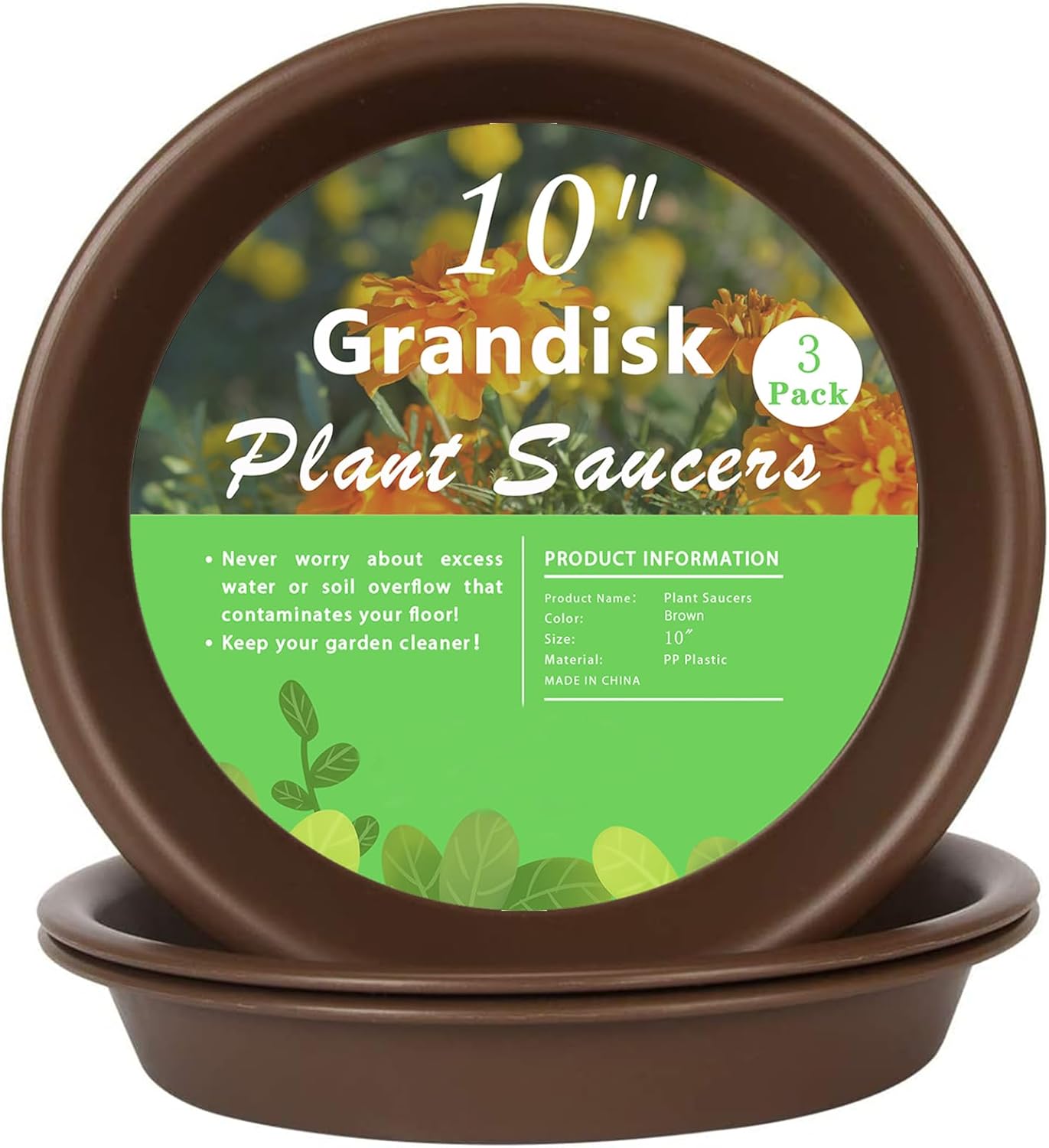 Plant Saucer 10 inch, Heavy Large Planter Durable Thicker Plastic Plant Trays for Indoors and Outdoor, Plant Saucer Drip Trays,Brown(10" - 3 Pack)