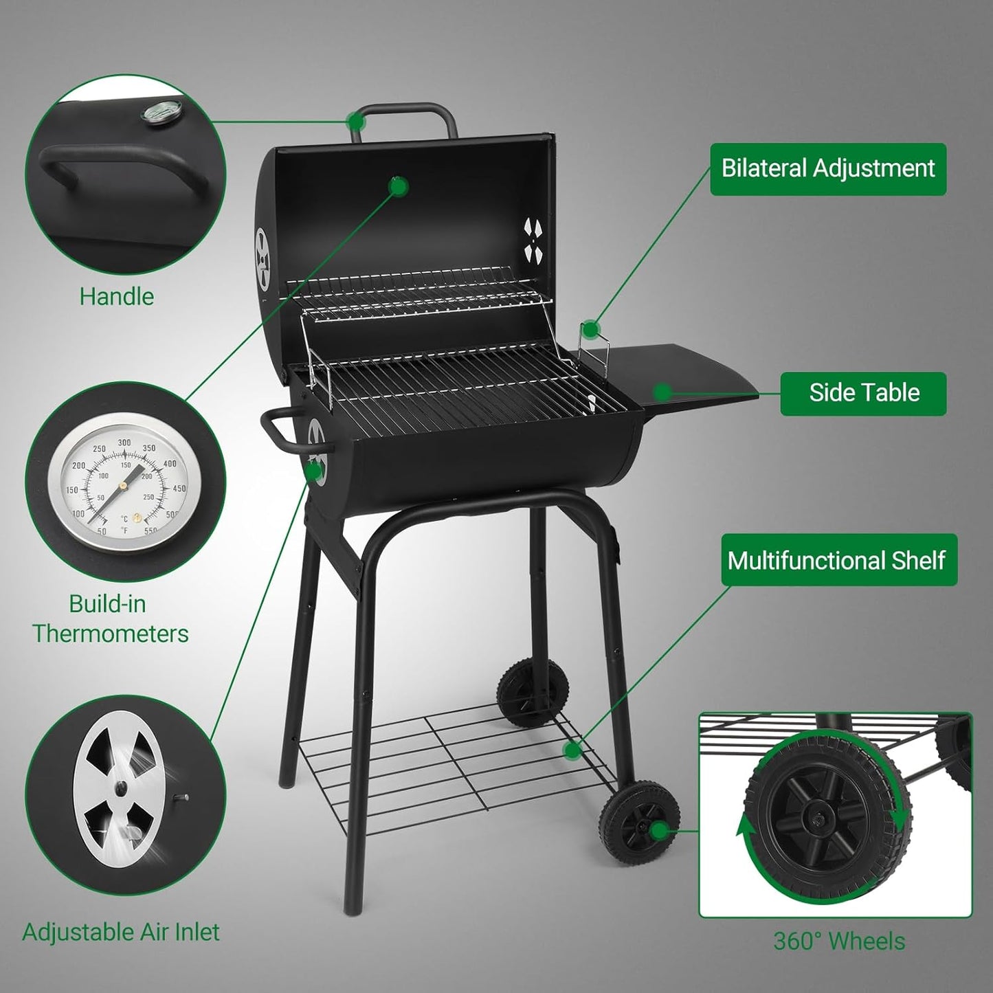 VINGLI Barrel Charcoal Grill with Side Table, BBQ Grill Outdoor Smoker Grill with Wheels for Party Garden Patio and Backyard Cooking
