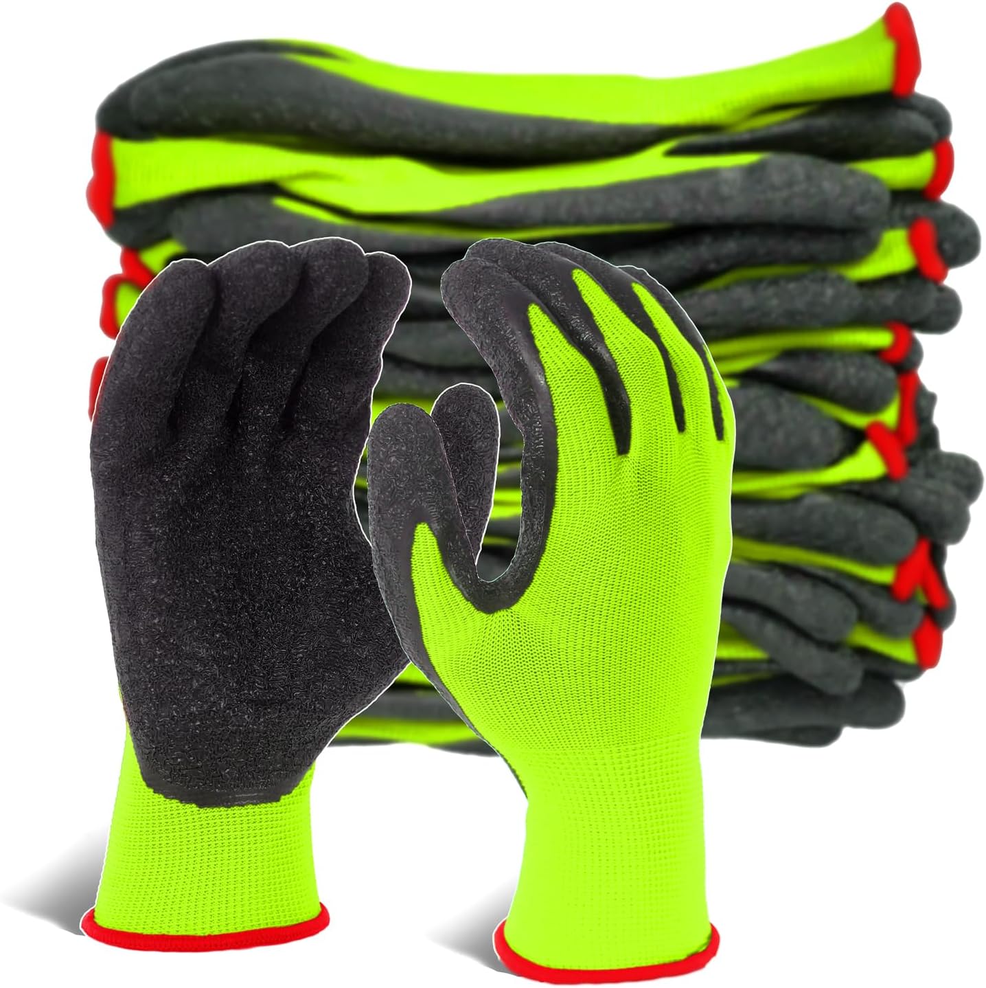 Evridwear Crinkle Latex Rubber Hand Coated Safety Work Gloves for Men Women General Multi Use Construction Warehouse Gardening Assembly Landscaping (Medium,Green- 12Pair)