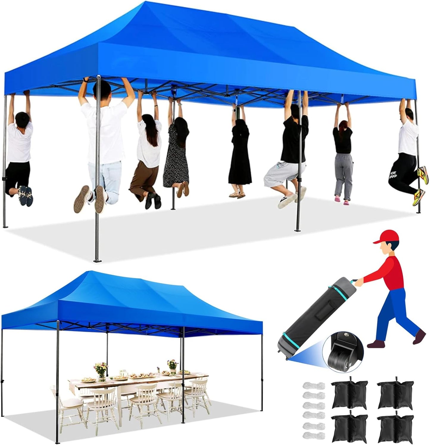 COBIZI 10x20 Pop up Canopy Tent Heavy Duty Without Sidewalls, Easy Set-up Commercial Outdoor Party Tent, 100% Waterproof Wedding Canopy Gazebo, 3 Height Adjustable with Wheeled Bag, Blue